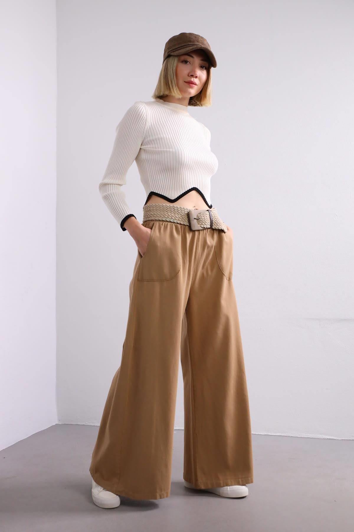 Camel Rengi Cebi Detaylı İspanyol Paça Pantolon - Şaman Butik Camel Rengi Cebi Detaylı İspanyol Paça Pantolon