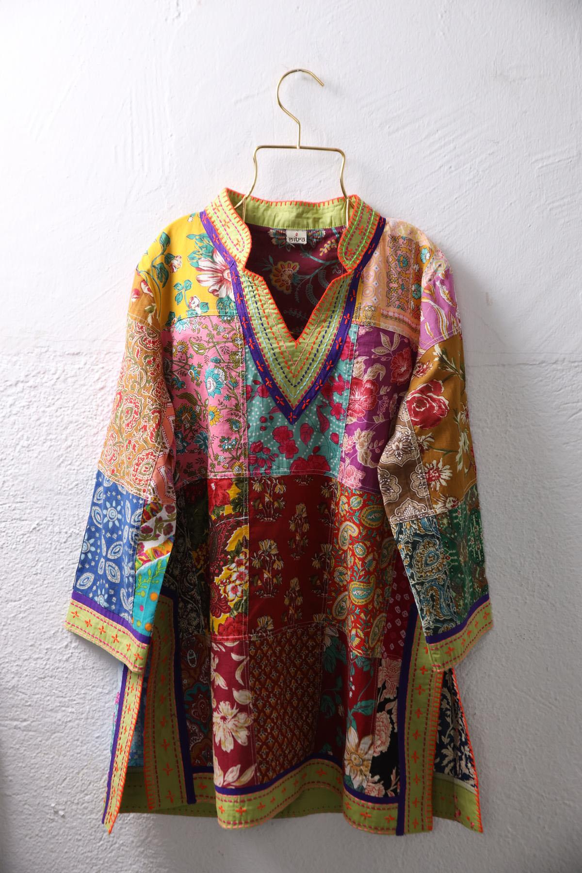 Pistachio Green Embroidered V Neck Slit Authentic Patchwork Tunic