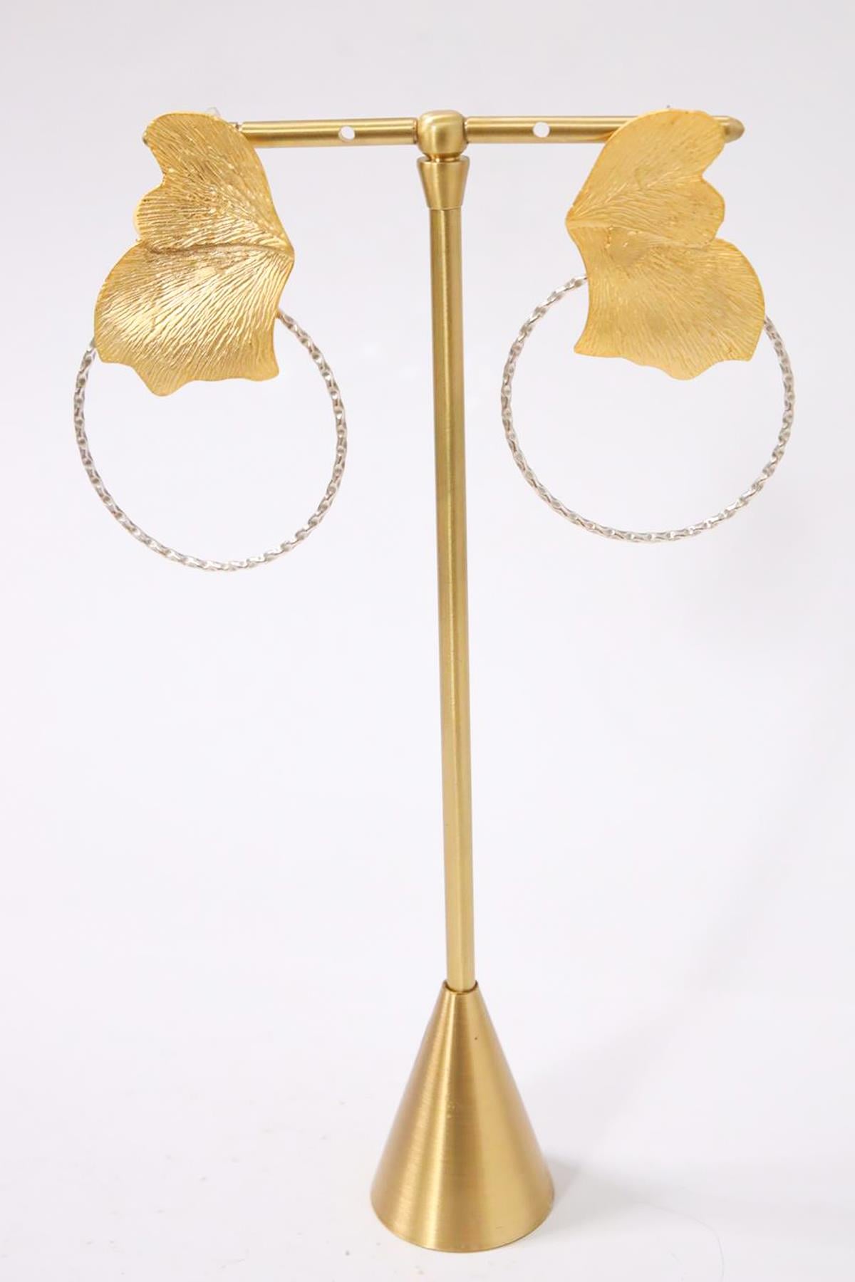 Altın Kaplama Yaprak Desenli Halka Küpe - Şaman Butik Altın Kaplama Yaprak Desenli Halka Küpe