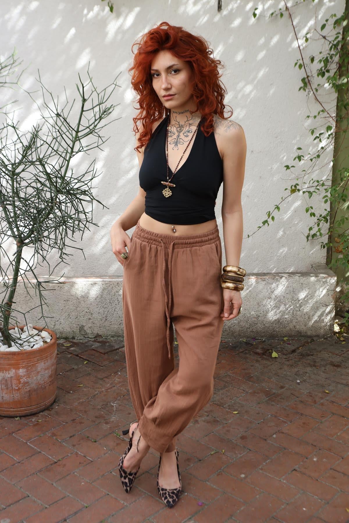 Cinnamon Color Elastic Waist Trousers