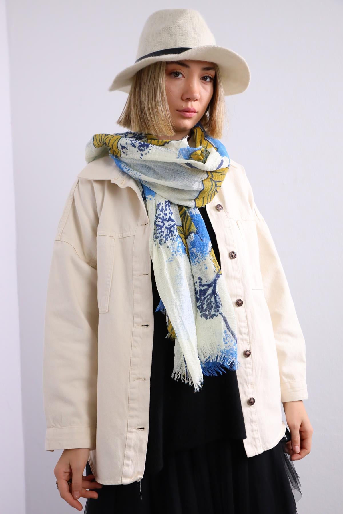 Ekru Yaprak Desenli Saçaklı Şal - Şaman Butik Ekru Yaprak Desenli Saçaklı Şal