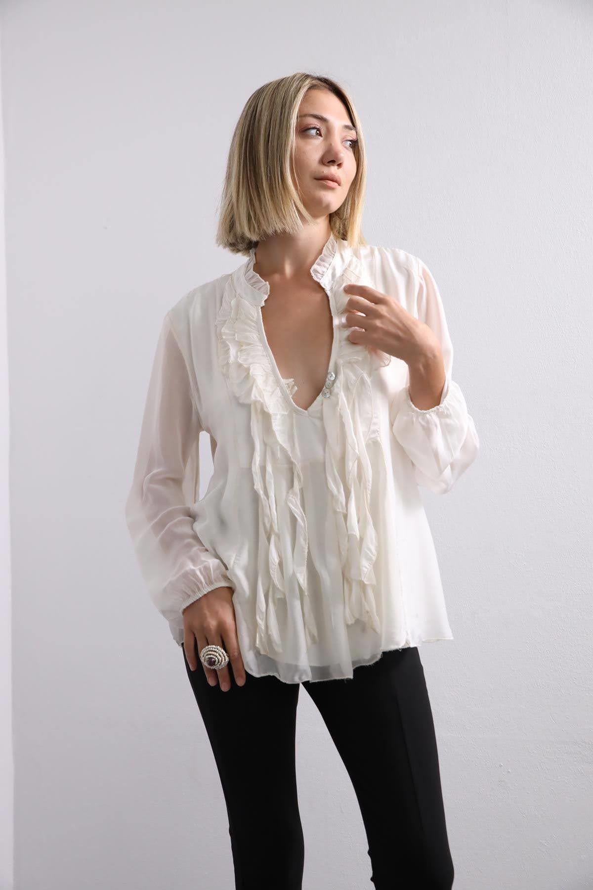 Krem Rengi İpek Fırfırlı Bluz - Şaman Butik Krem Rengi İpek Fırfırlı Bluz