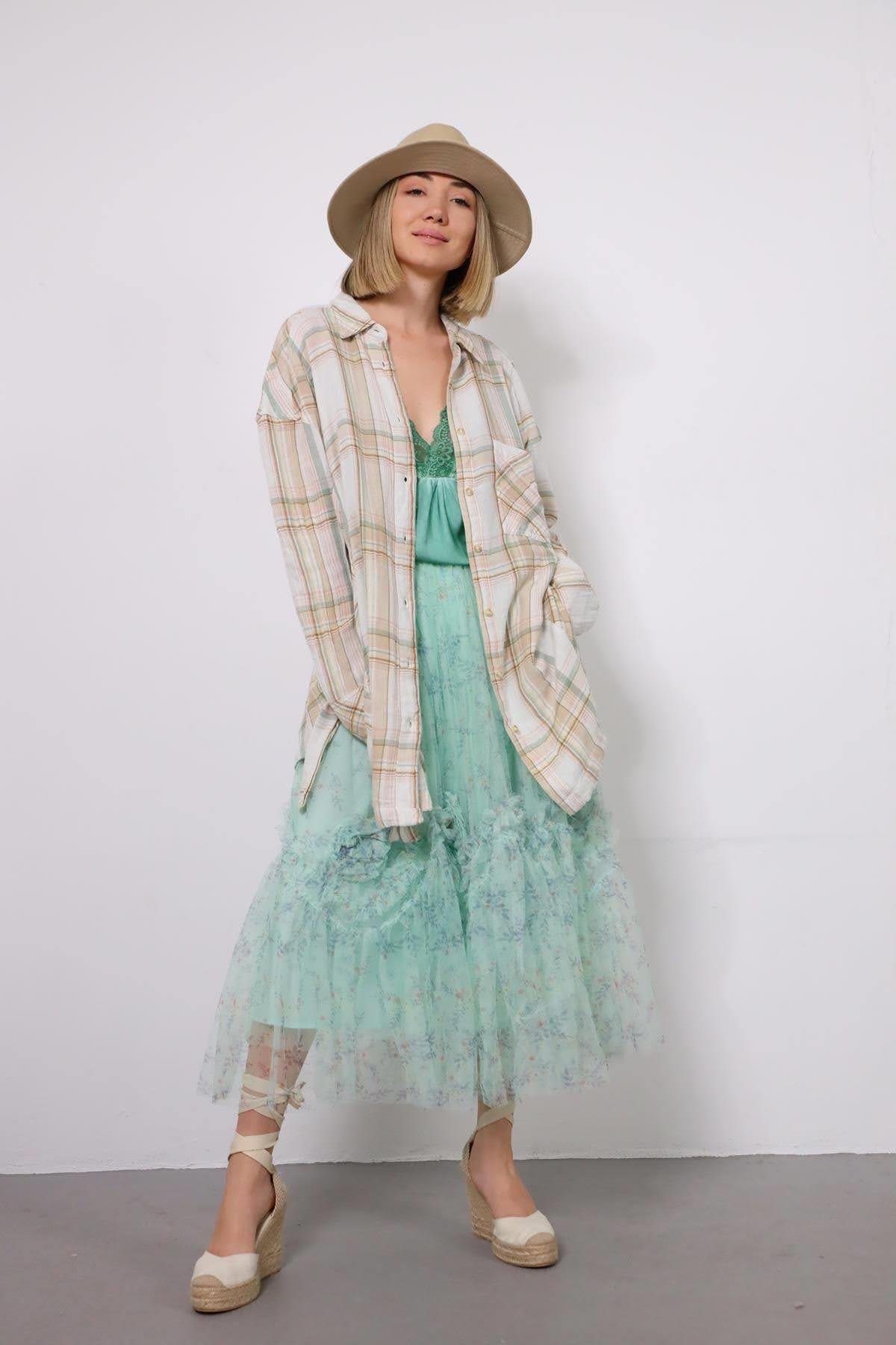 Su Yeşili Gül Detay Tül Etek - Şaman Butik - Bohem Giyim ve Aksesuar | Kadın & Erkek Su Yeşili Gül Detay Tül Etek