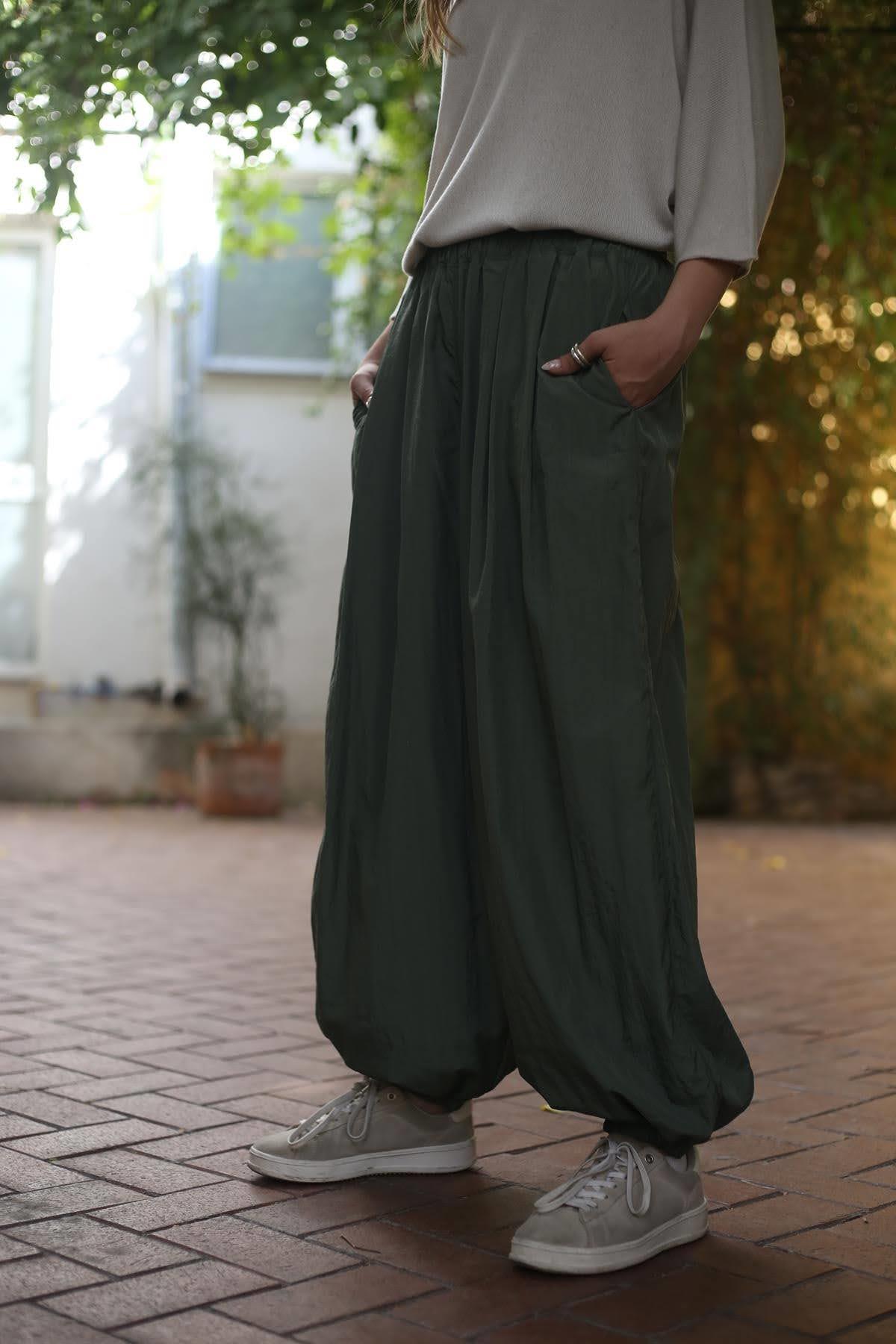 Haki Paçası Lastikli Balon Pantolon