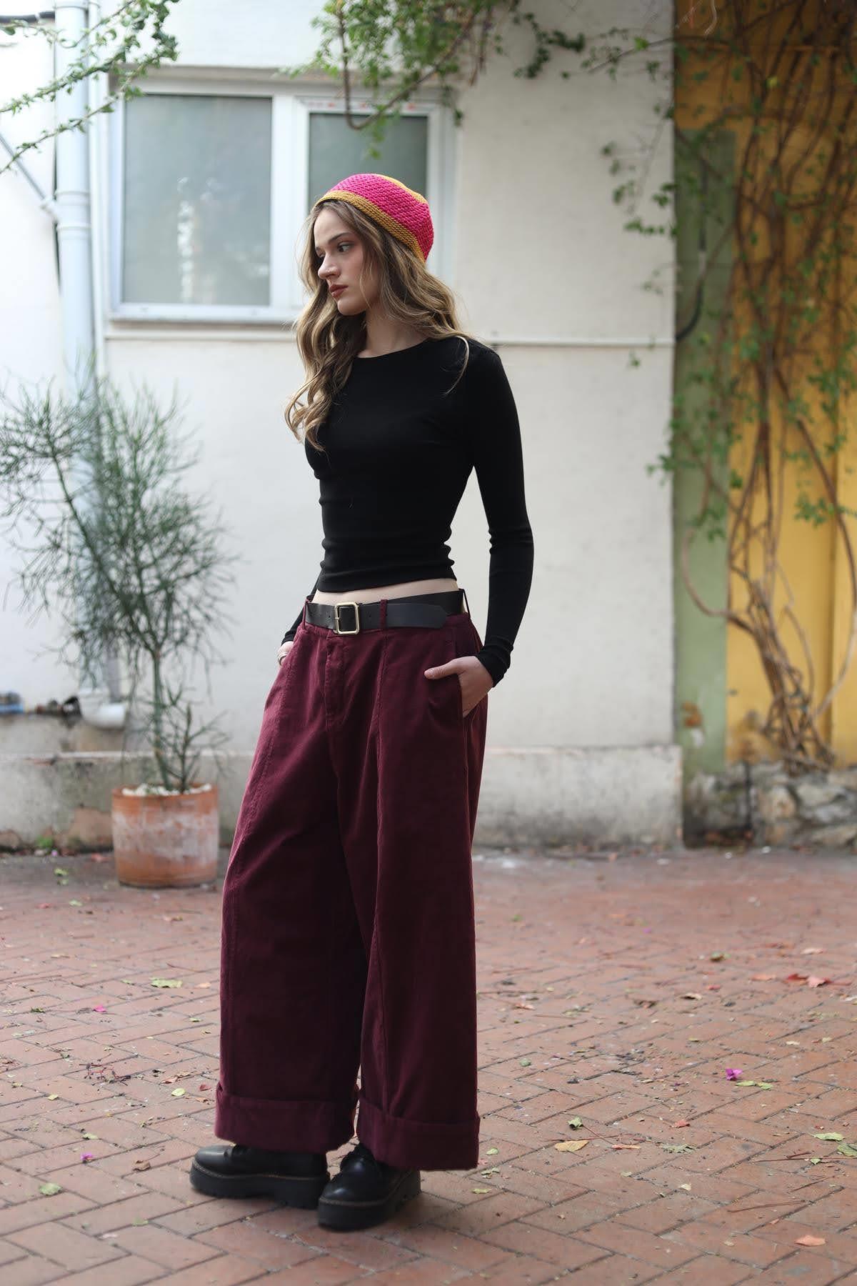 Bordo Katlı Geniş Paça Kadife Pantolon
