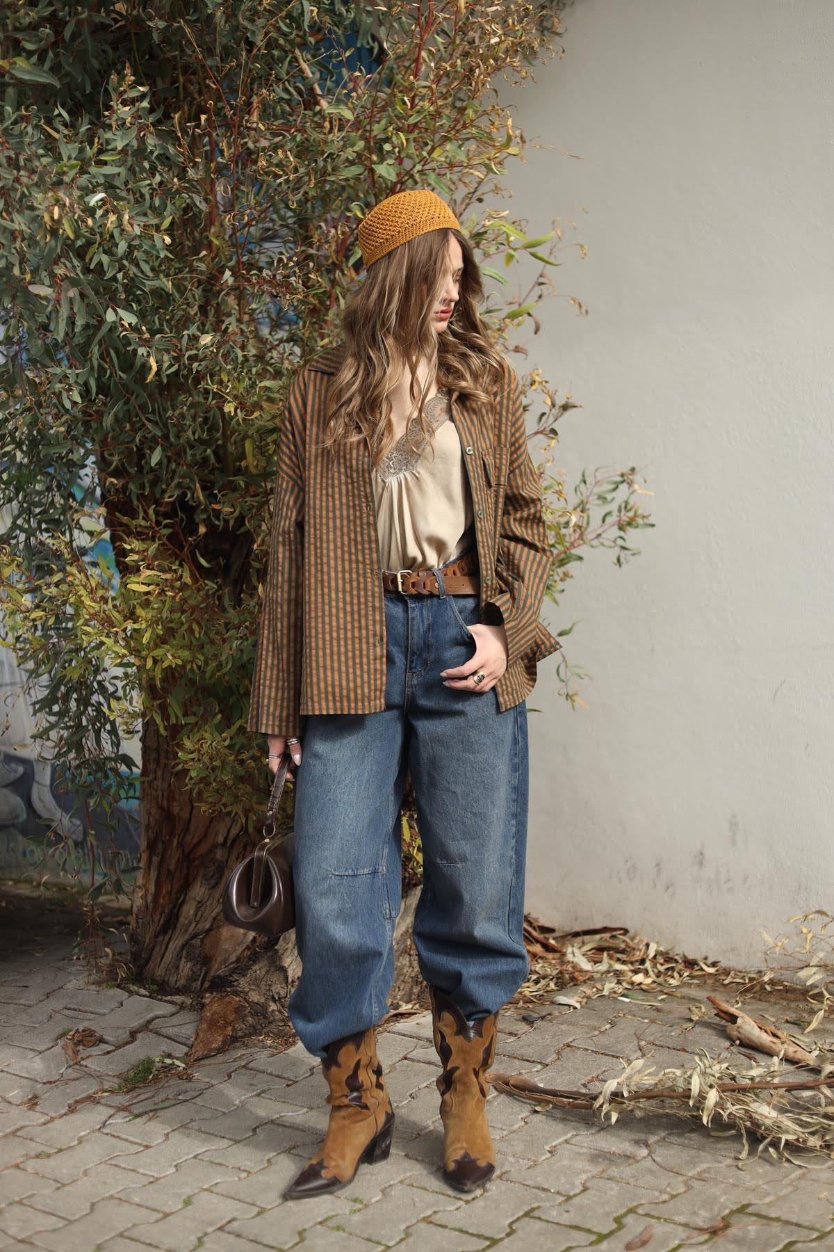 Haki Çizgili Cebi Büyük Kapaklı Salaş Gömlek