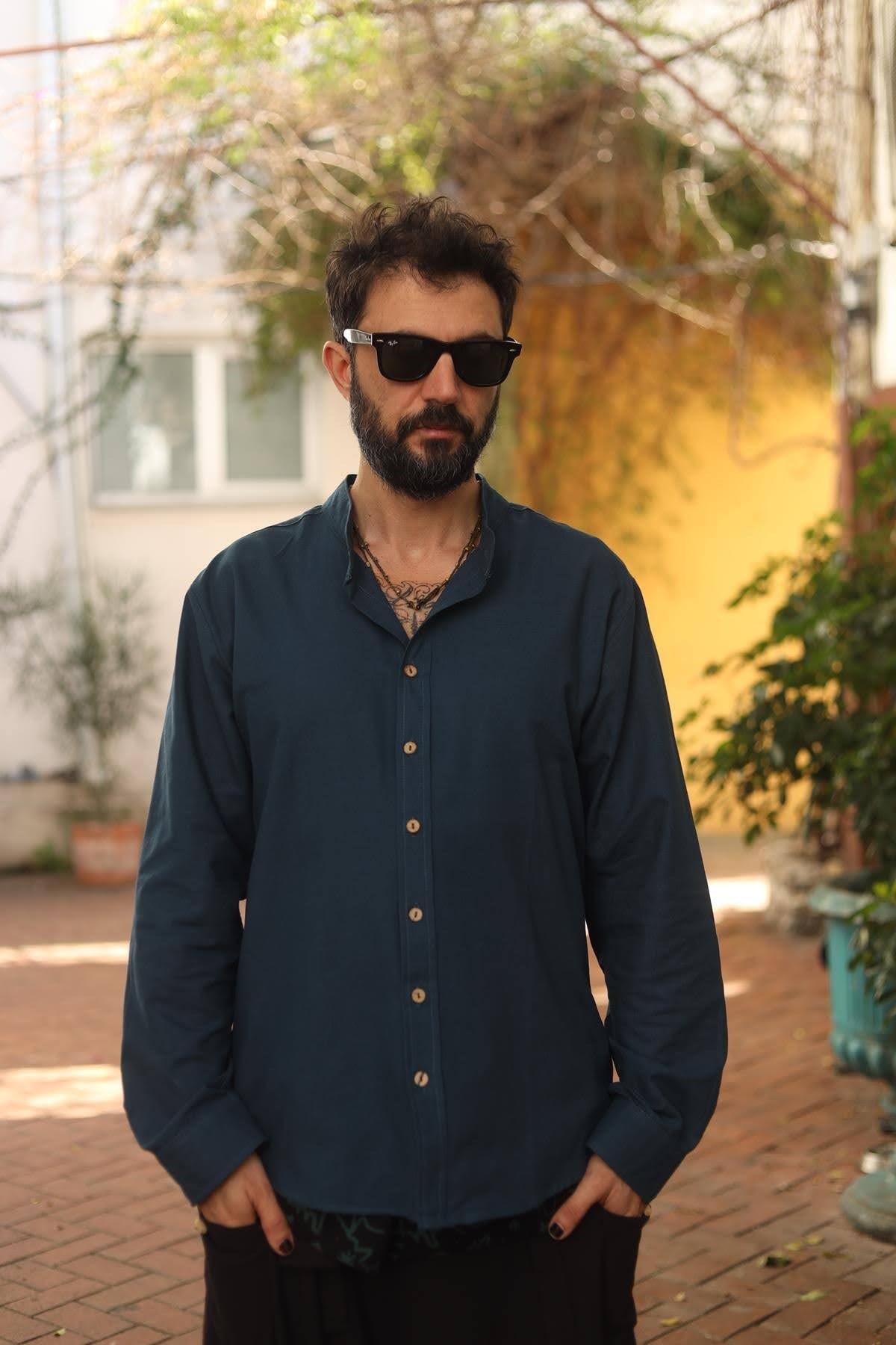 Blue Mandarin Collar Mens Shirt