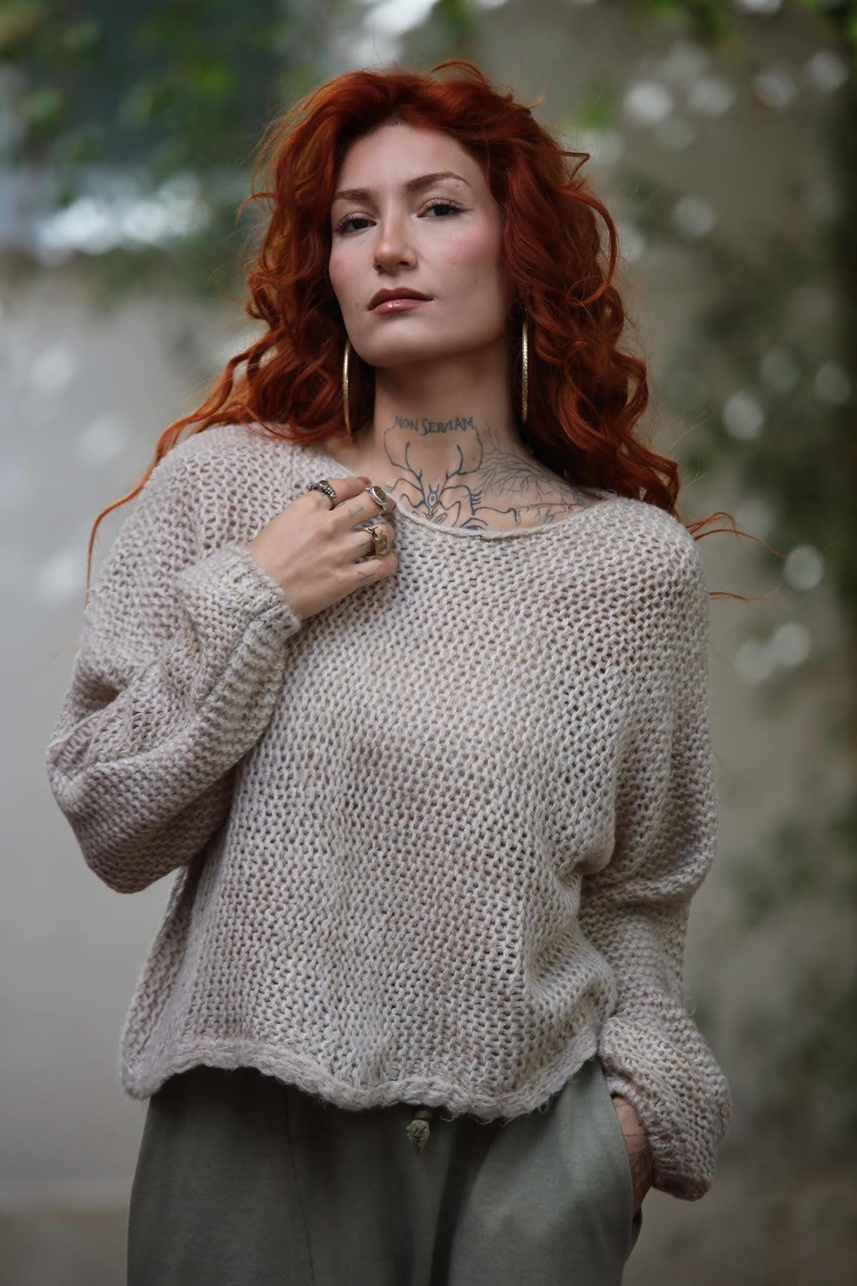 Bej Bisiklet Yaka File Örgü Triko Bluz