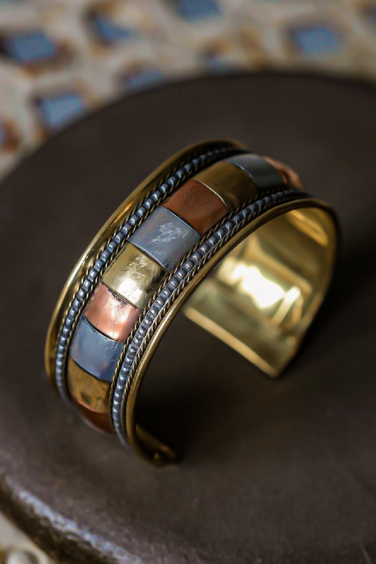 Bronz Geometrik Renkli Parça Tasarım Bileklik - Şaman Butik Bronz Geometrik Renkli Parça Tasarım Bileklik