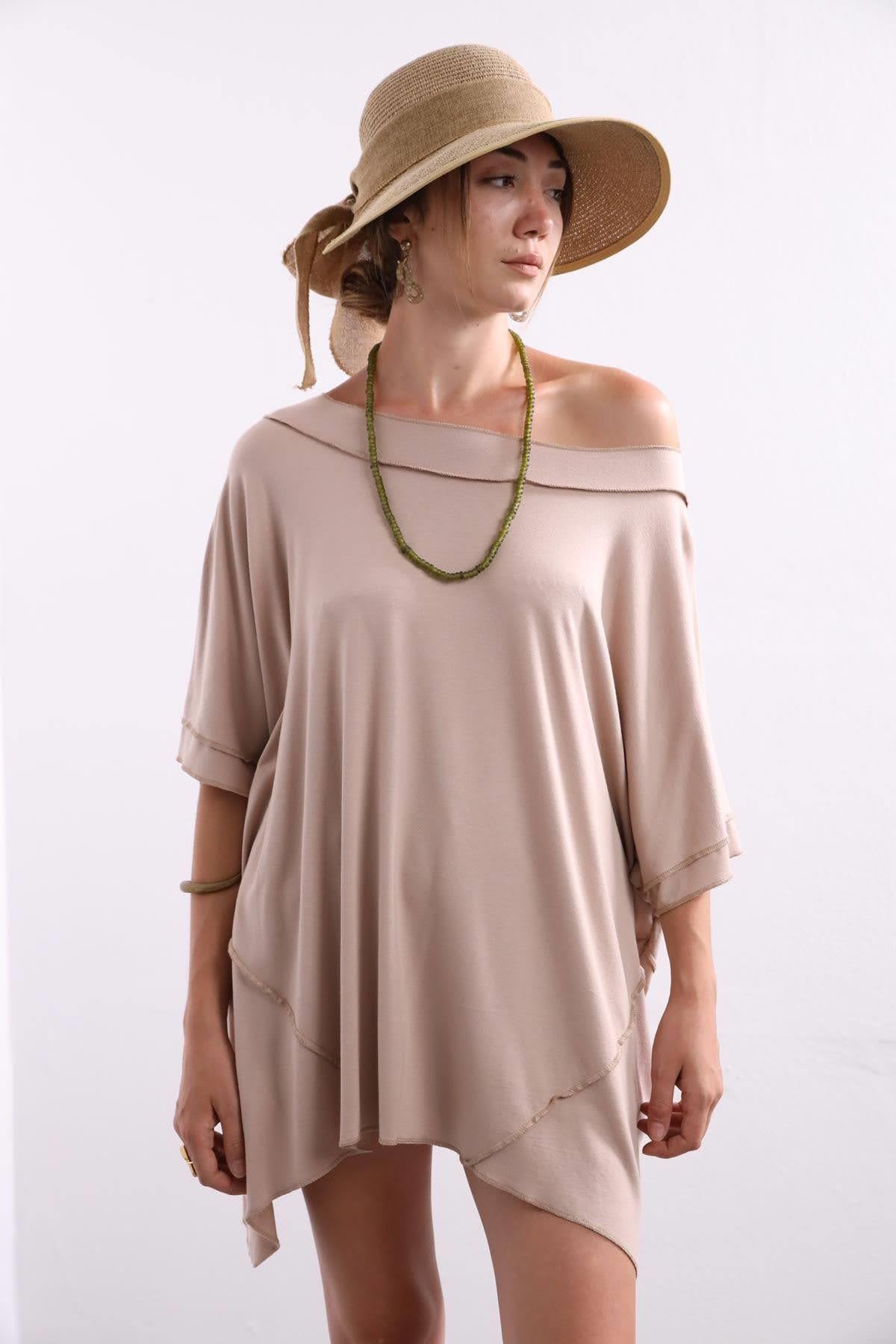 Bej Kayık Yaka Dikişli Bluz - Şaman Butik Bej Kayık Yaka Dikişli Bluz