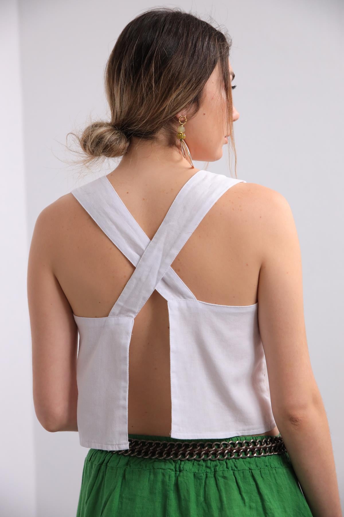 Beyaz Arkası Çapraz Bluz - Şaman Butik Beyaz Arkası Çapraz Bluz