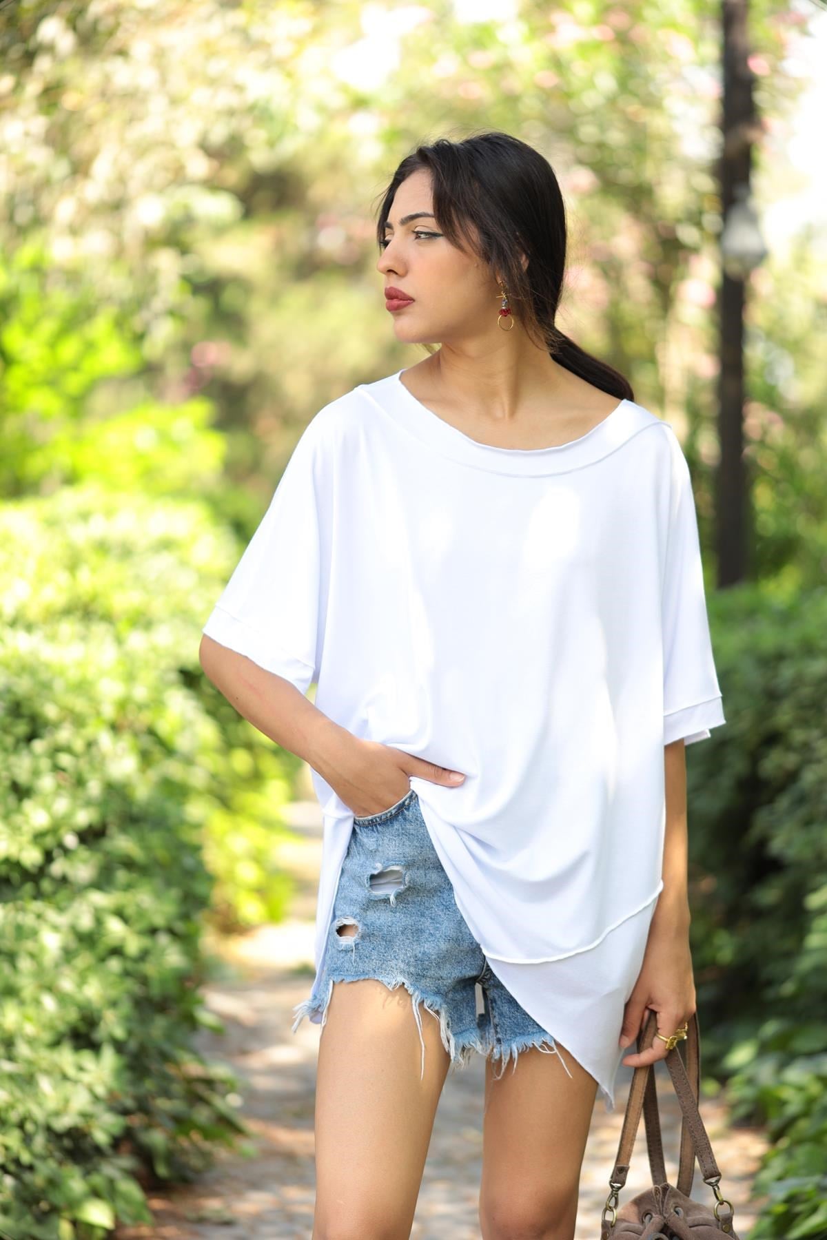 Beyaz Kayık Yaka Dikişli Bluz - Şaman Butik Beyaz Kayık Yaka Dikişli Bluz