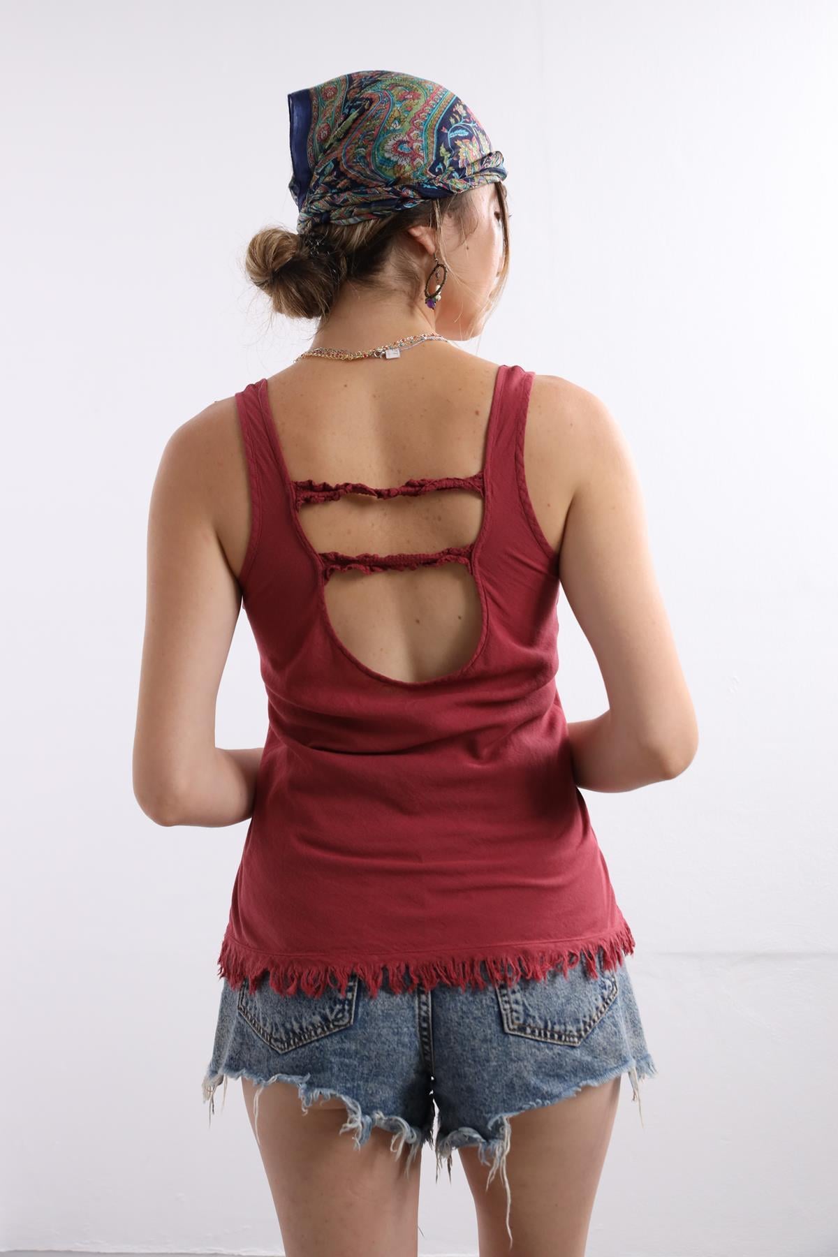 Bordo Saçaklı Sırt Detaylı Simple Bluz - Şaman Butik Bordo Saçaklı Sırt Detaylı Simple Bluz