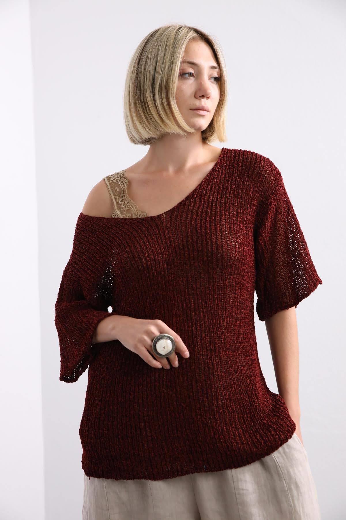 Bordo Yetim Kol V Yaka Merserize Bluz - Şaman Butik - Bohem Giyim ve Aksesuar | Kadın & Erkek Bordo Yetim Kol V Yaka Merserize Bluz