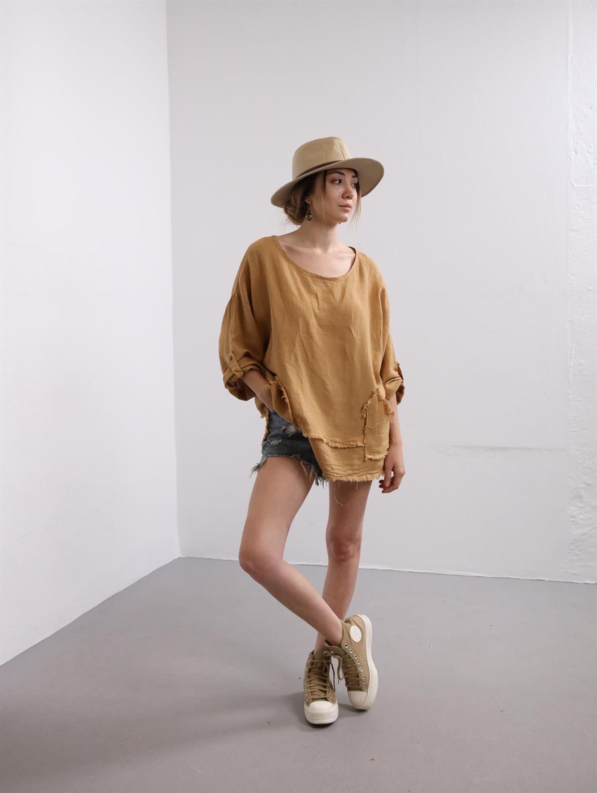 Camel Rengi Saçaklı Cepli Keten Bluz - Şaman Butik Camel Rengi Saçaklı Cepli Keten Bluz