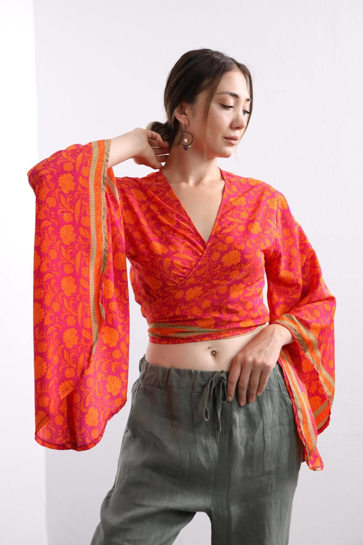 Fuşya Desenli Bağlamalı İpek Bluz - Şaman Butik Fuşya Desenli Bağlamalı İpek Bluz