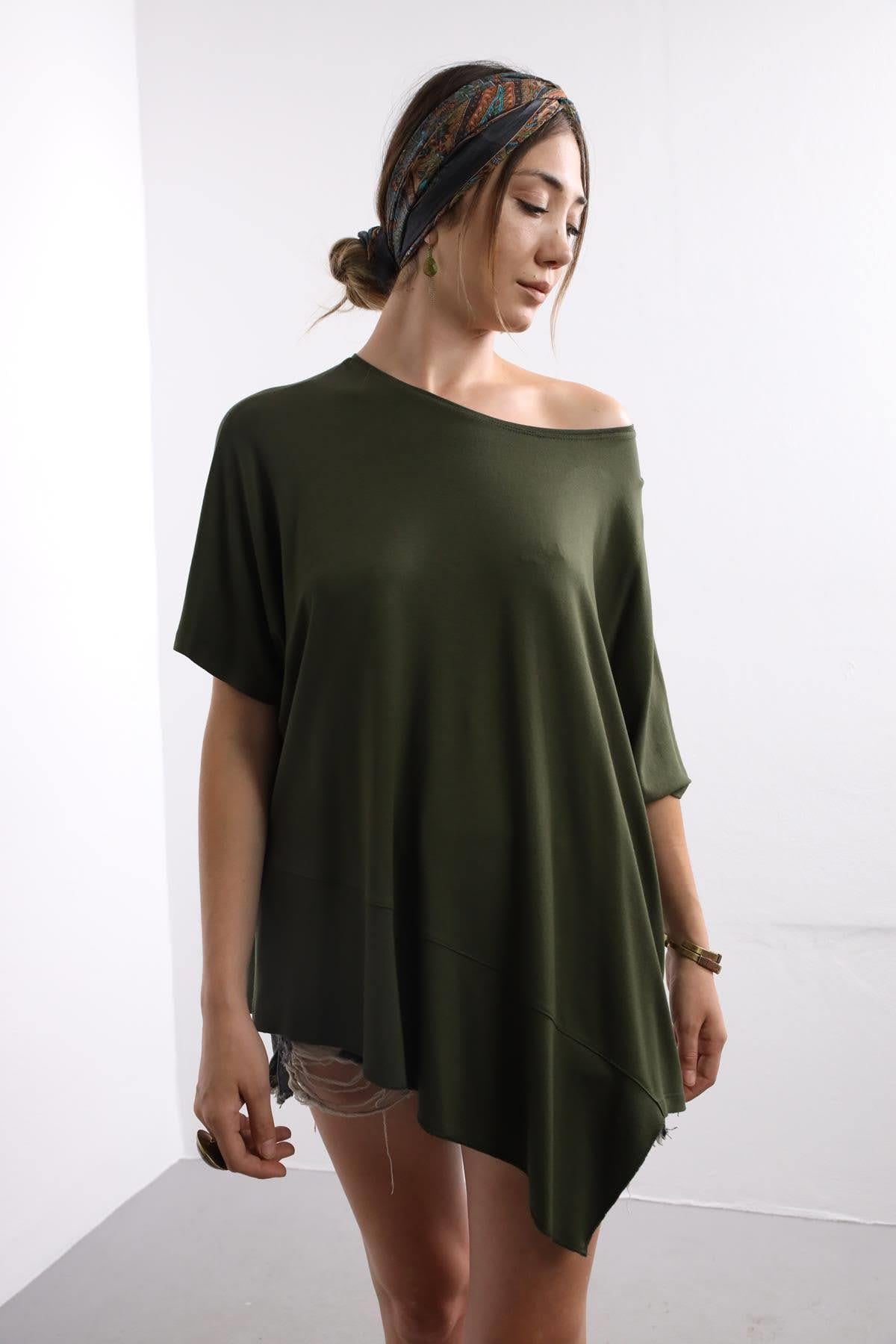 Haki Altı Parçalı Kısa Kollu Bluz - Şaman Butik - Bohem Giyim ve Aksesuar | Kadın & Erkek Haki Altı Parçalı Kısa Kollu Bluz