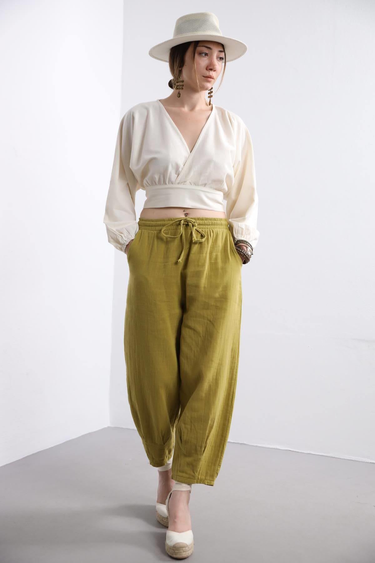 Krem Rengi Balon Kol Bağlama Detaylı Crop Bluz - Şaman Butik Krem Rengi Balon Kol Bağlama Detaylı Crop Bluz