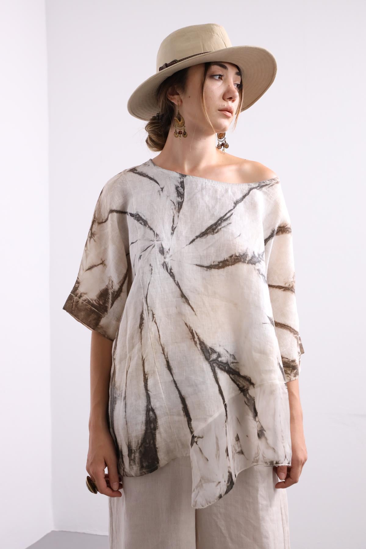 Krem Rengi Batikli İpek Detaylı Keten Bluz - Şaman Butik Krem Rengi Batikli İpek Detaylı Keten Bluz