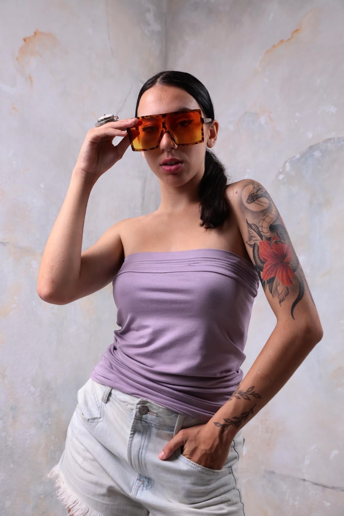 Lila Dikişli Straplez Bluz - Şaman Butik Lila Dikişli Straplez Bluz