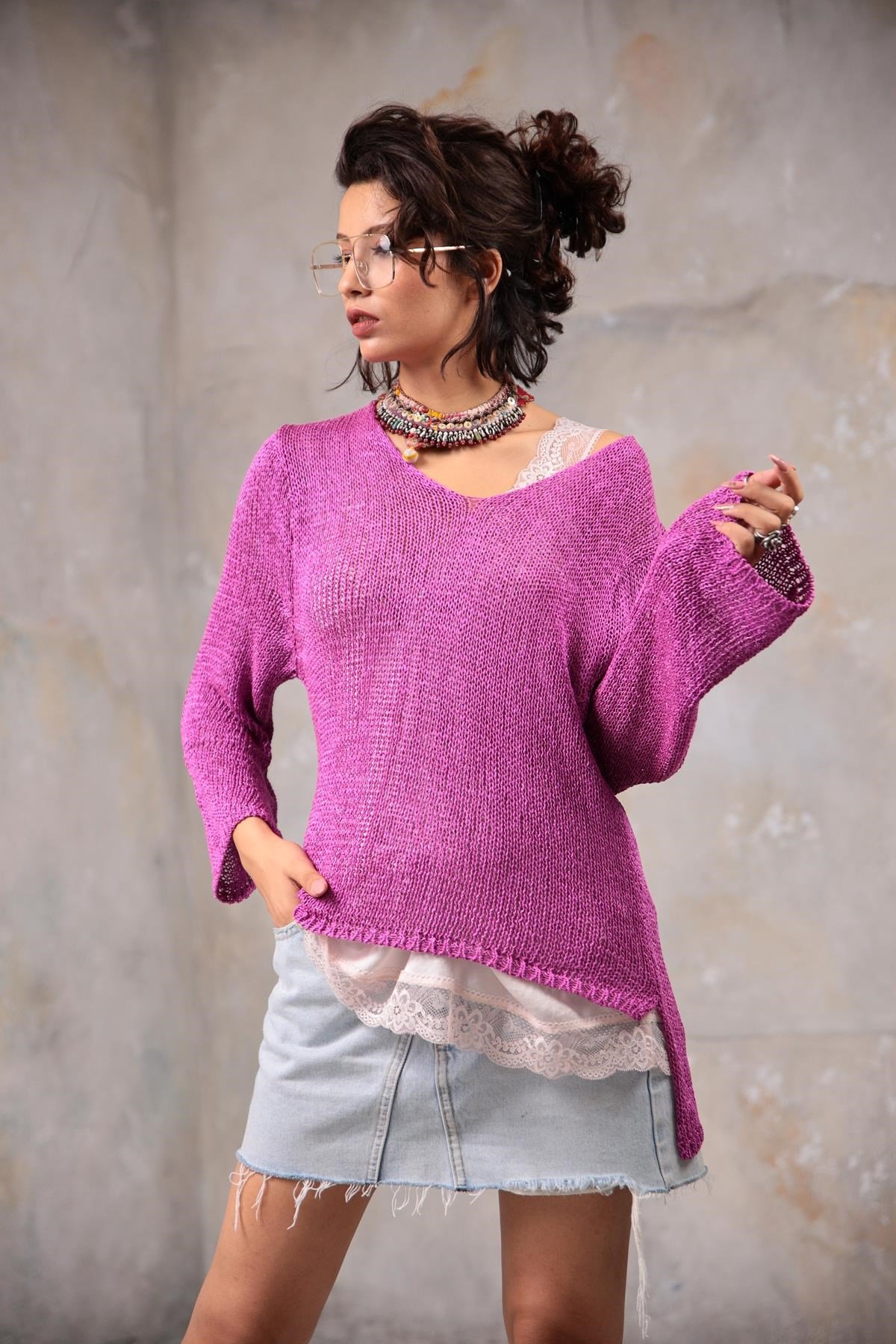 Lila V Yaka Arkası Uzun Merserize Bluz - Şaman Butik Lila V Yaka Arkası Uzun Merserize Bluz