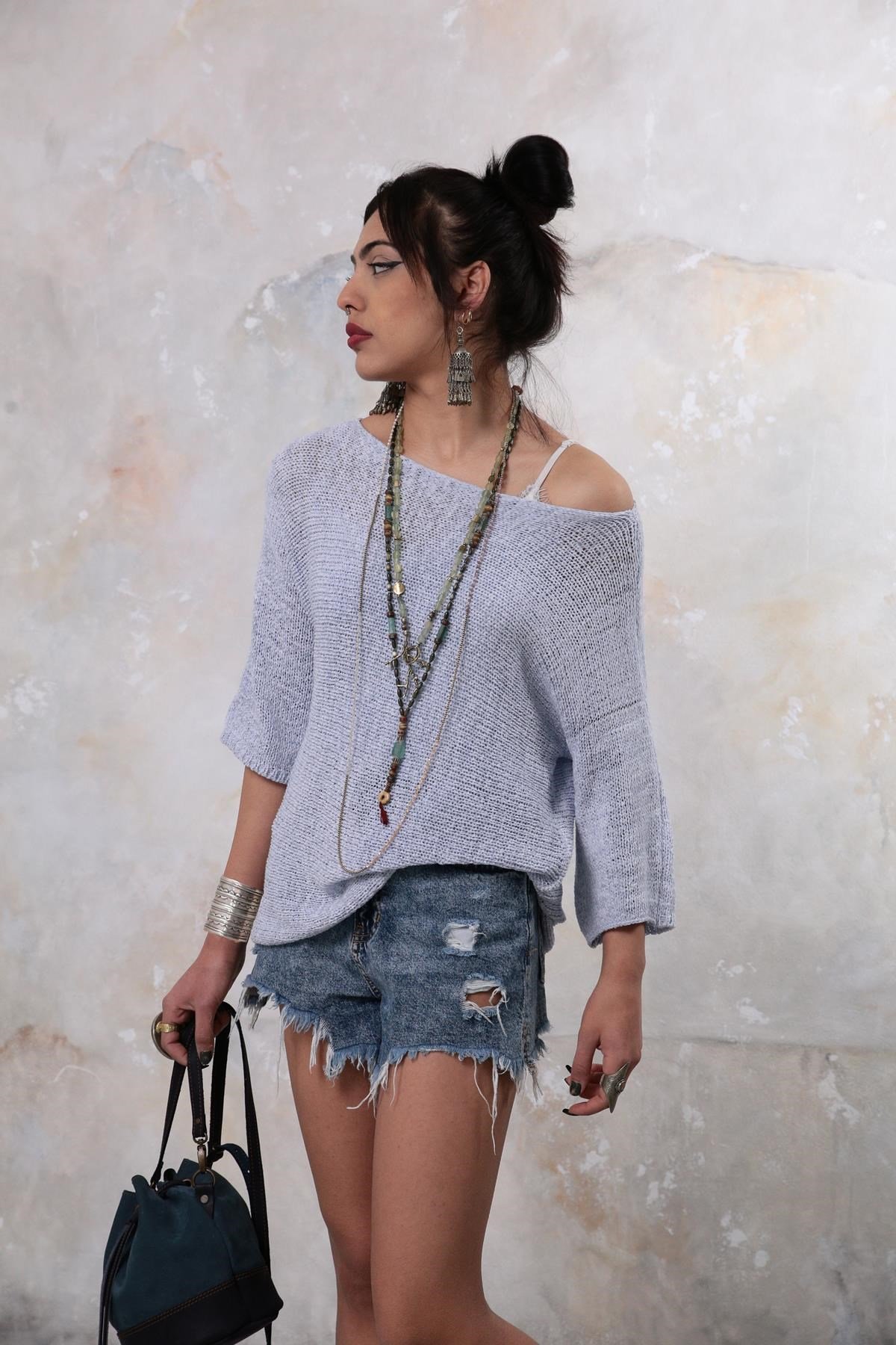 Mavi Yetim Kol Merserize Bluz - Şaman Butik - Bohem Giyim ve Aksesuar | Kadın & Erkek Mavi Yetim Kol Merserize Bluz