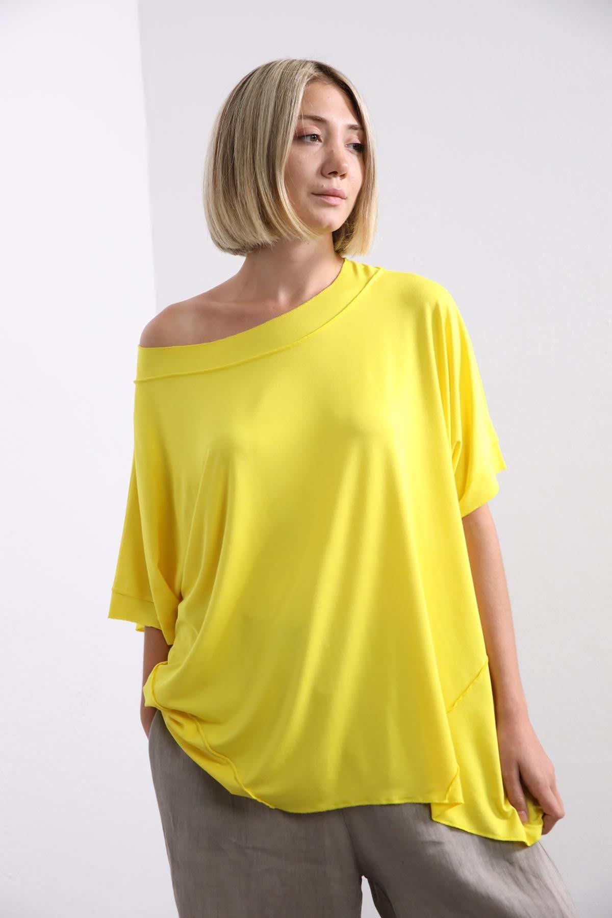 Neon Yellow Boat Neck Blouse - Saman Butik | Shop Online Neon Yellow Boat Neck Blouse