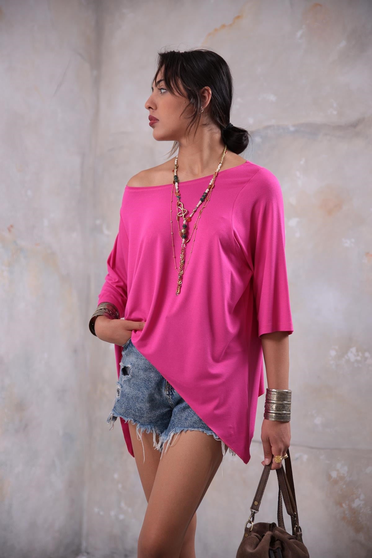 Pembe Yanları Uzun Bluz - Şaman Butik Pembe Yanları Uzun Bluz