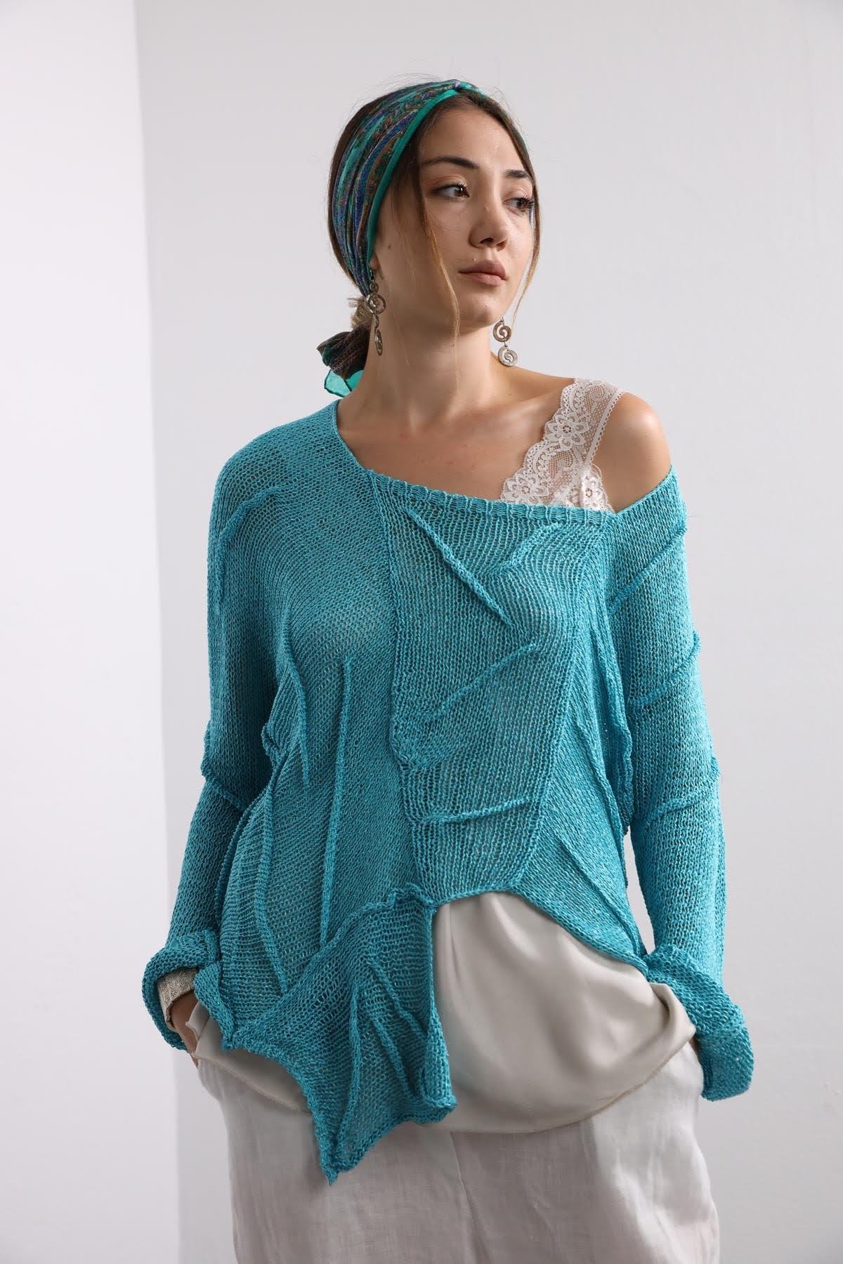 Turkuaz Kare Yaka Dikiş Detay Merserize Bluz - Şaman Butik - Bohem Giyim ve Aksesuar | Kadın & Erkek Turkuaz Kare Yaka Dikiş Detay Merserize Bluz
