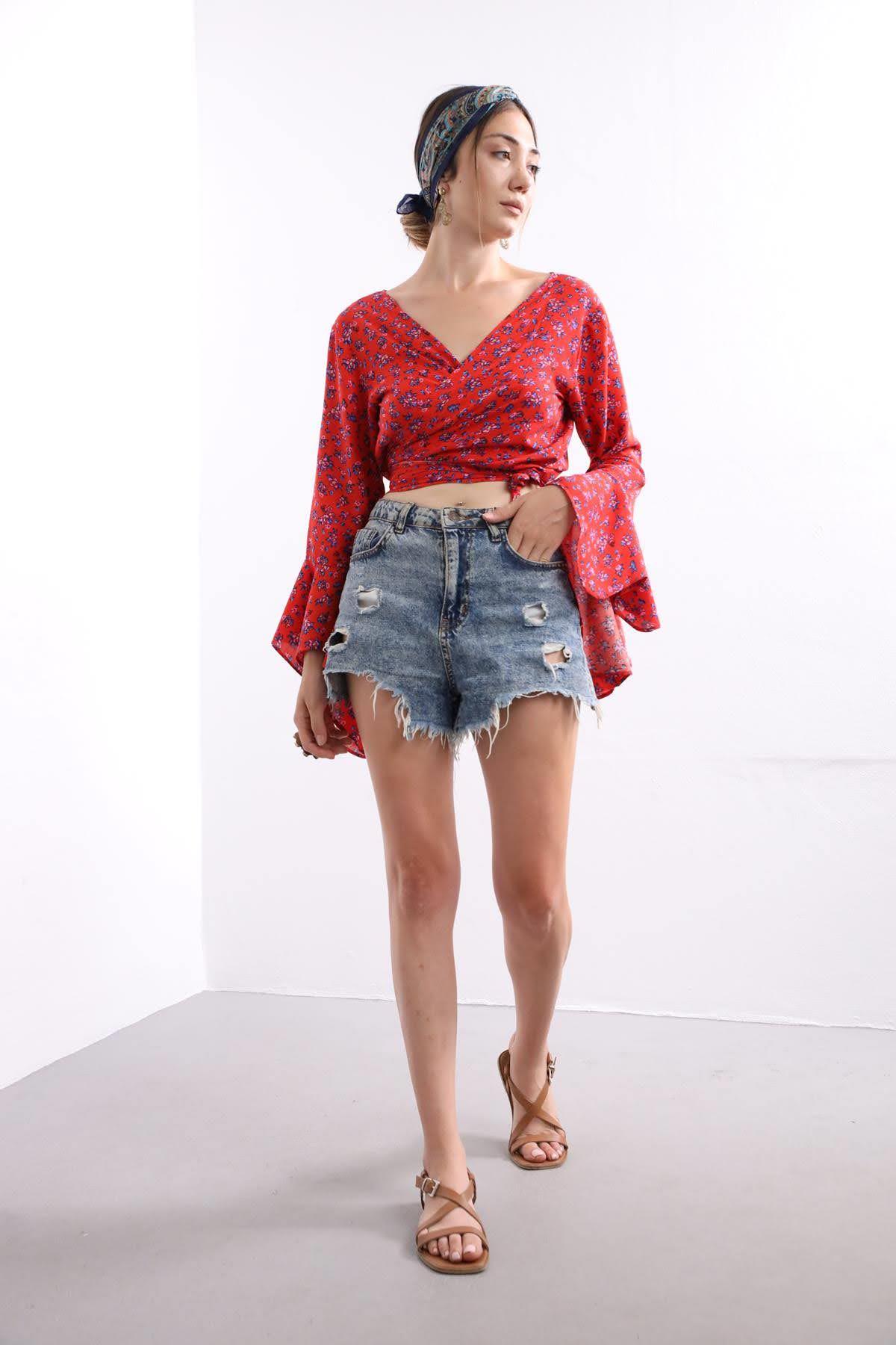 Turuncu Yasemin Çiçeği Desenli İspanyol Kol Crop Bluz - Şaman Butik - Bohem Giyim ve Aksesuar | Kadın & Erkek Turuncu Yasemin Çiçeği Desenli İspanyol Kol Crop Bluz