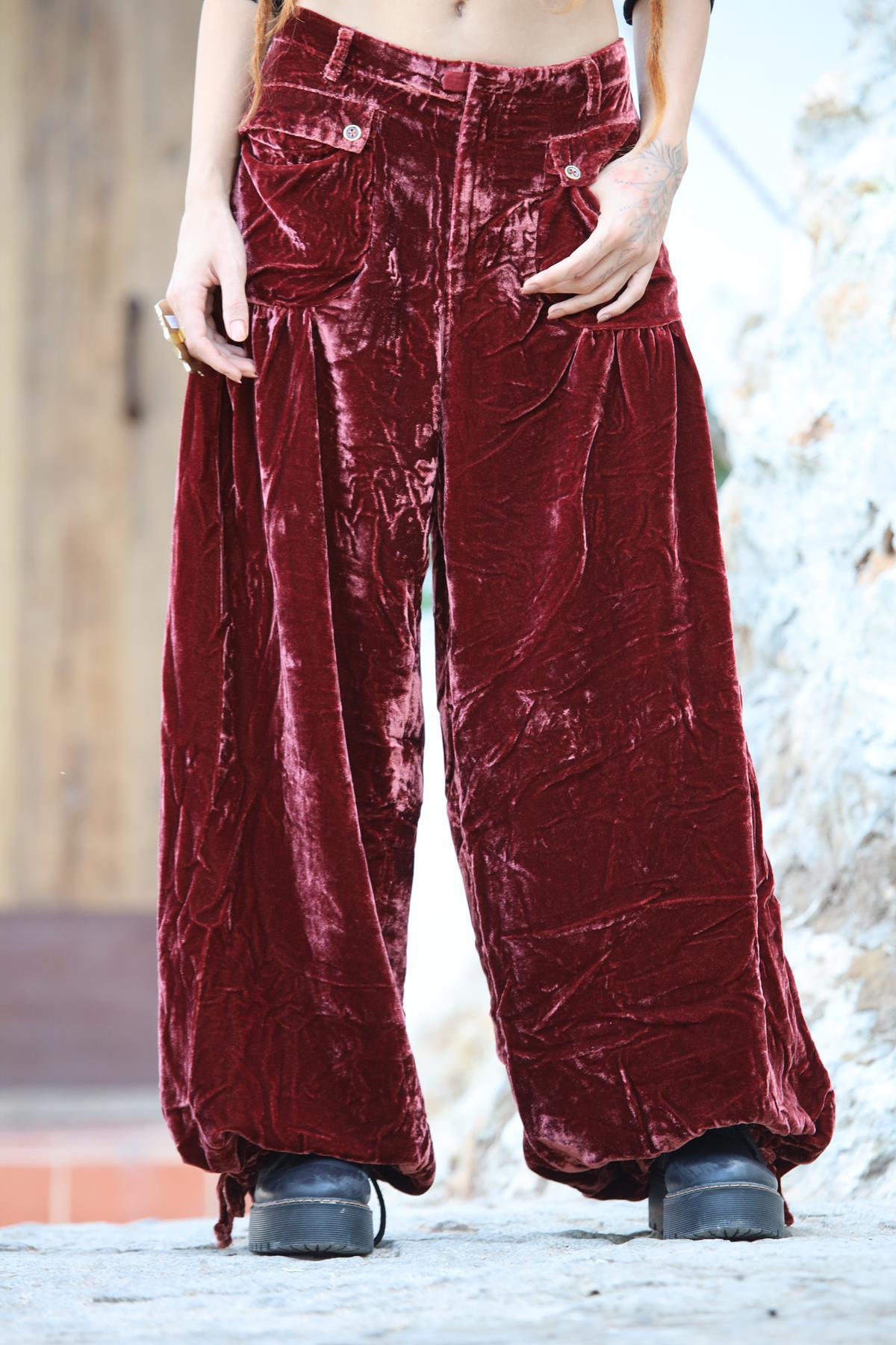 Bordo Cepleri Kapaklı Paçası Büzgülü Kadife Pantolon