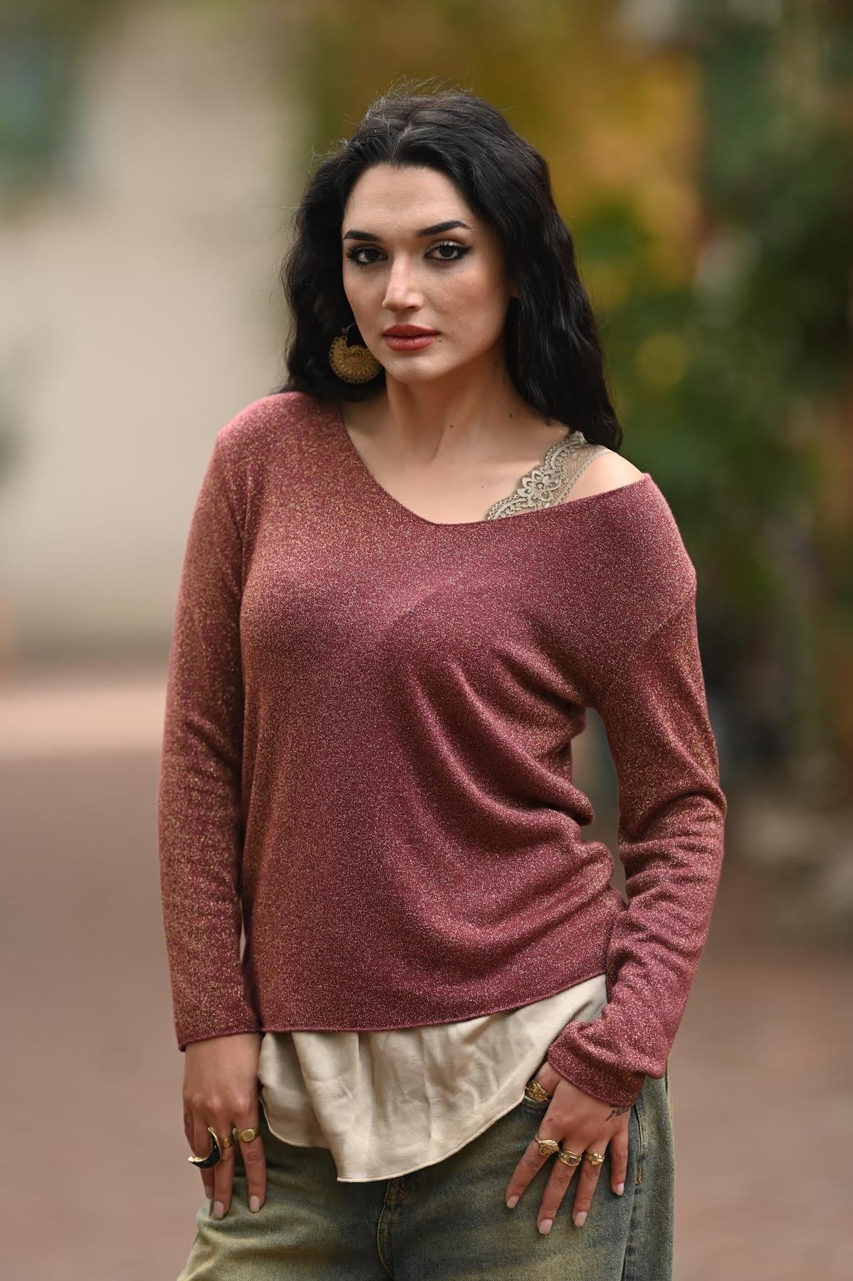 Bordo V Yaka Simli Triko Bluz