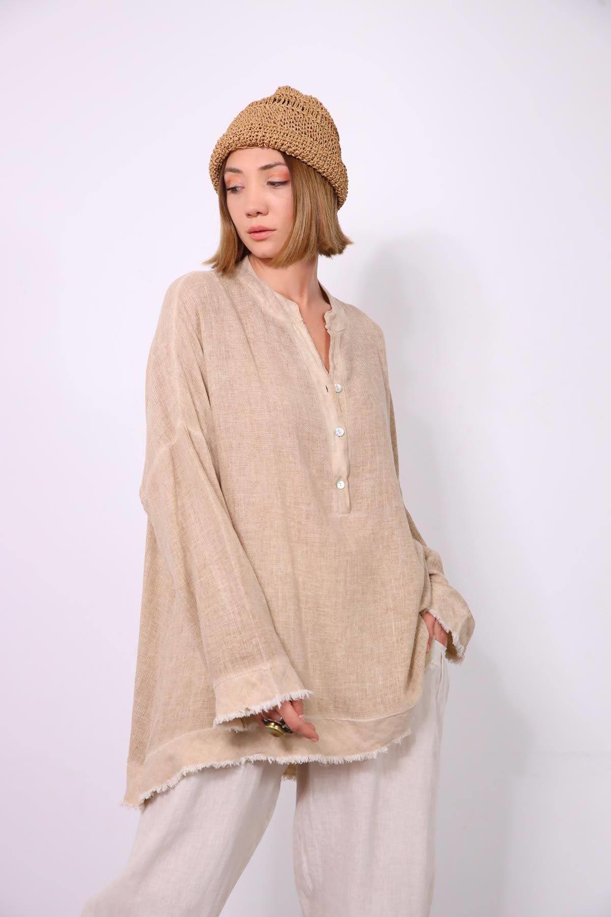  Camel Rengi Püsküllü Keten Detaylı Hakim Yaka Tunik