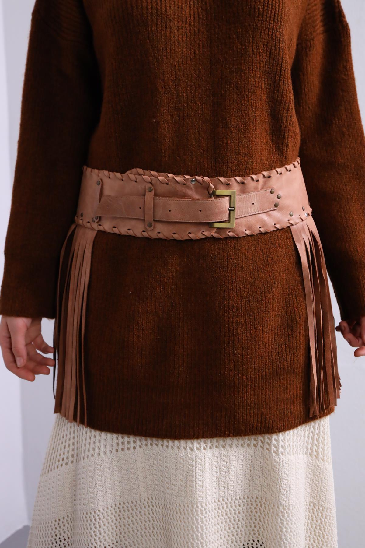 Pudra Rengi Püsküllü Deri Kemer - Şaman Butik Pudra Rengi Püsküllü Deri Kemer