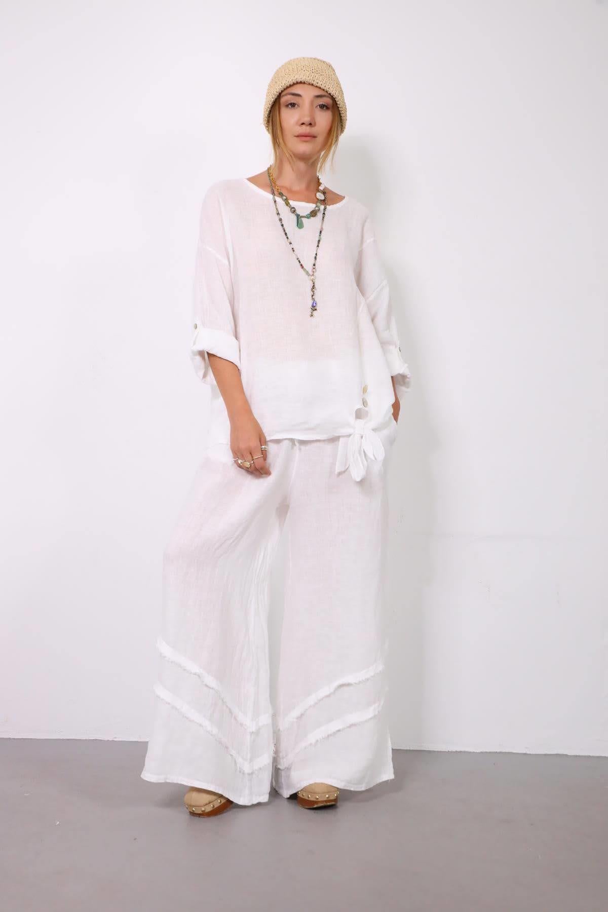 Beyaz Düğme Detaylı Keten Takım - Şaman Butik Beyaz Düğme Detaylı Keten Takım