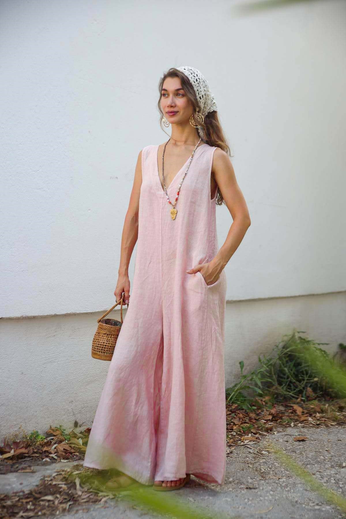 Pudra Pembe Sırt Detaylı Keten Tulum