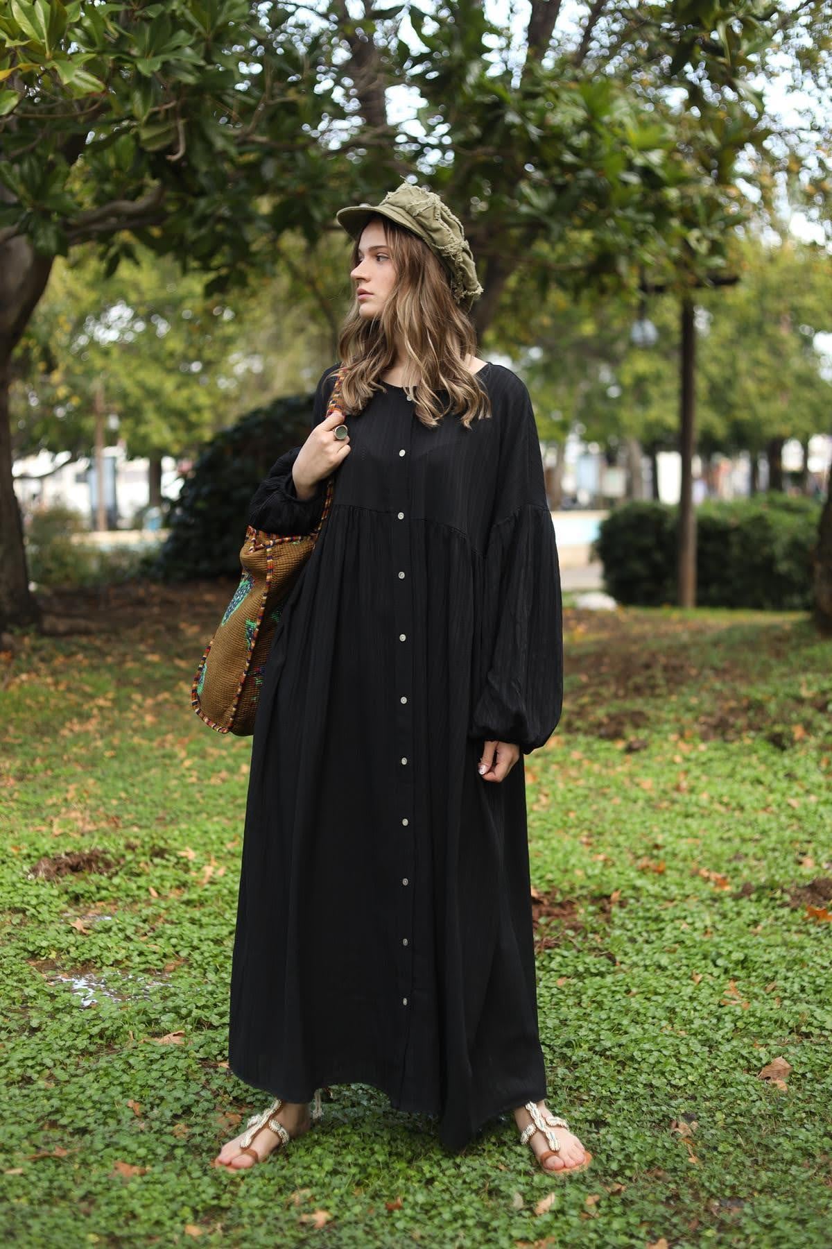 Siyah Balon Kol Gofre Gömlek Elbise