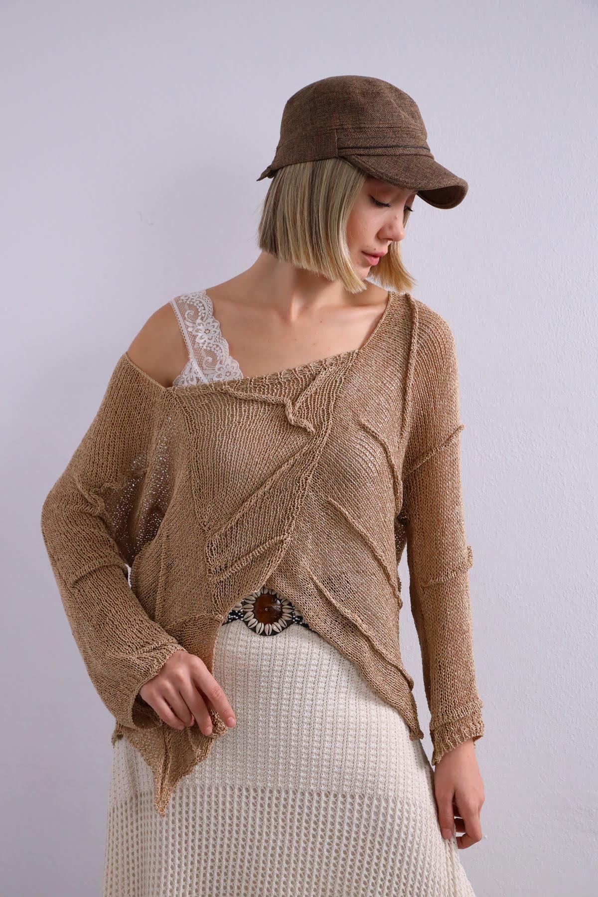 Camel Rengi Kare Yaka Dikiş Detay Merserize Bluz - Şaman Butik Camel Rengi Kare Yaka Dikiş Detay Merserize Bluz