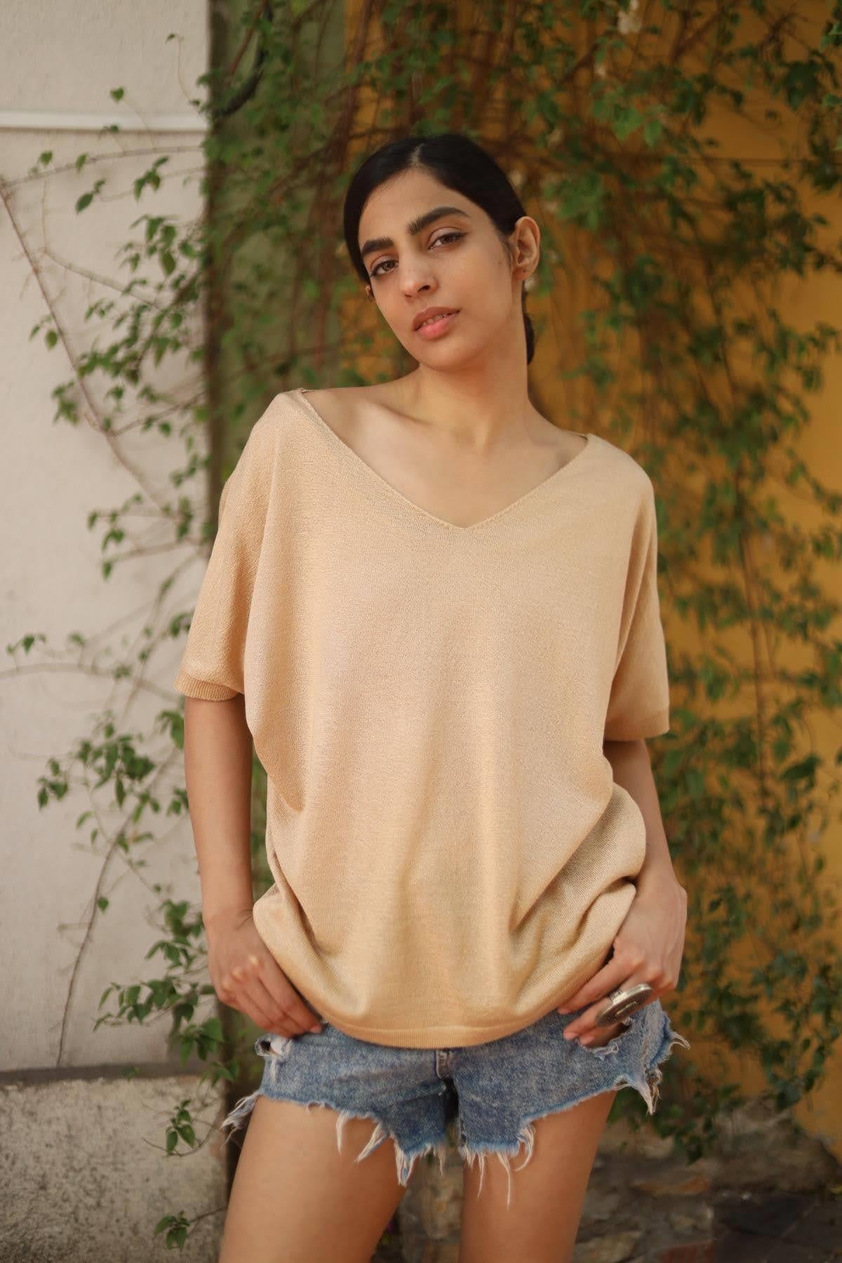 Camel Rengi V Yaka Yarasa Kol Triko Bluz
