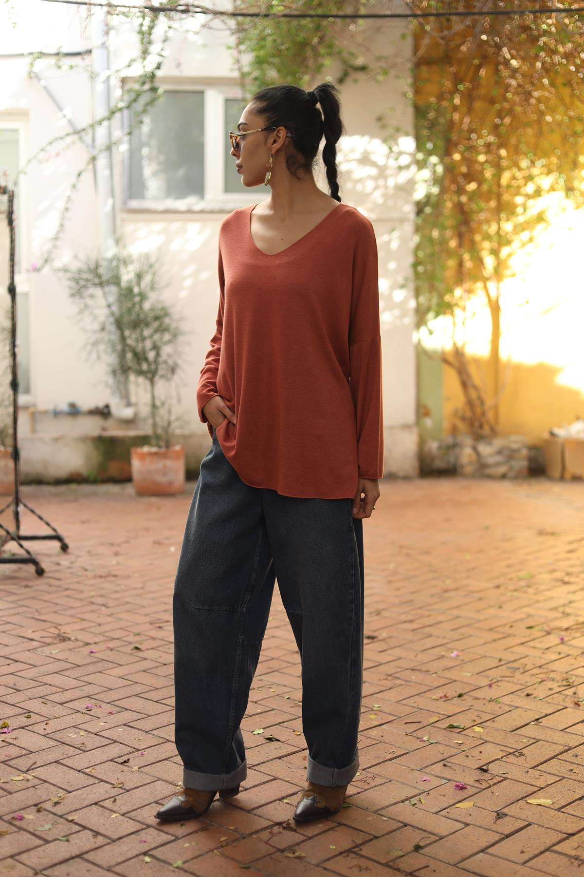 Brick Color V Neck Soft Texture Angora Blouse