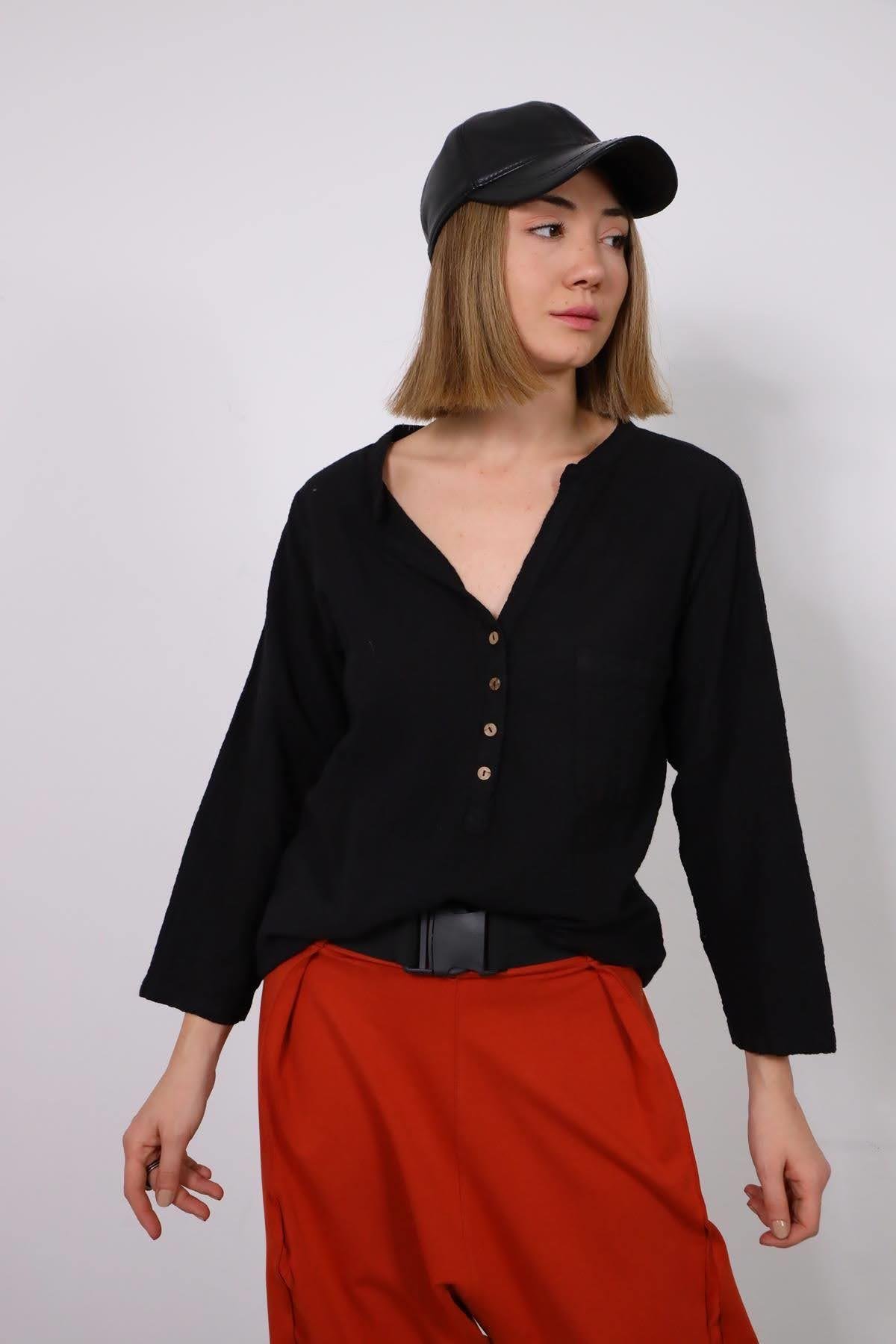 Siyah Hakim Yaka Kolları Apoletli Gömlek - Şaman Butik Siyah Hakim Yaka Kolları Apoletli Gömlek