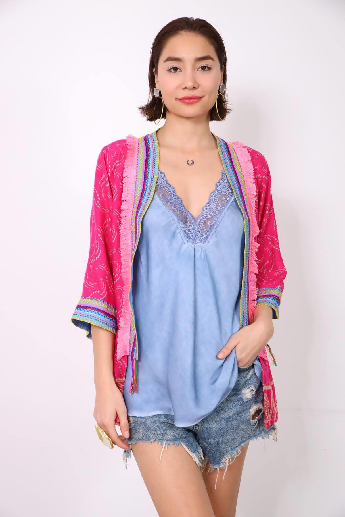  Pembe Yakası Püsküllü İşlemeli Otantik Kısa Kaftan