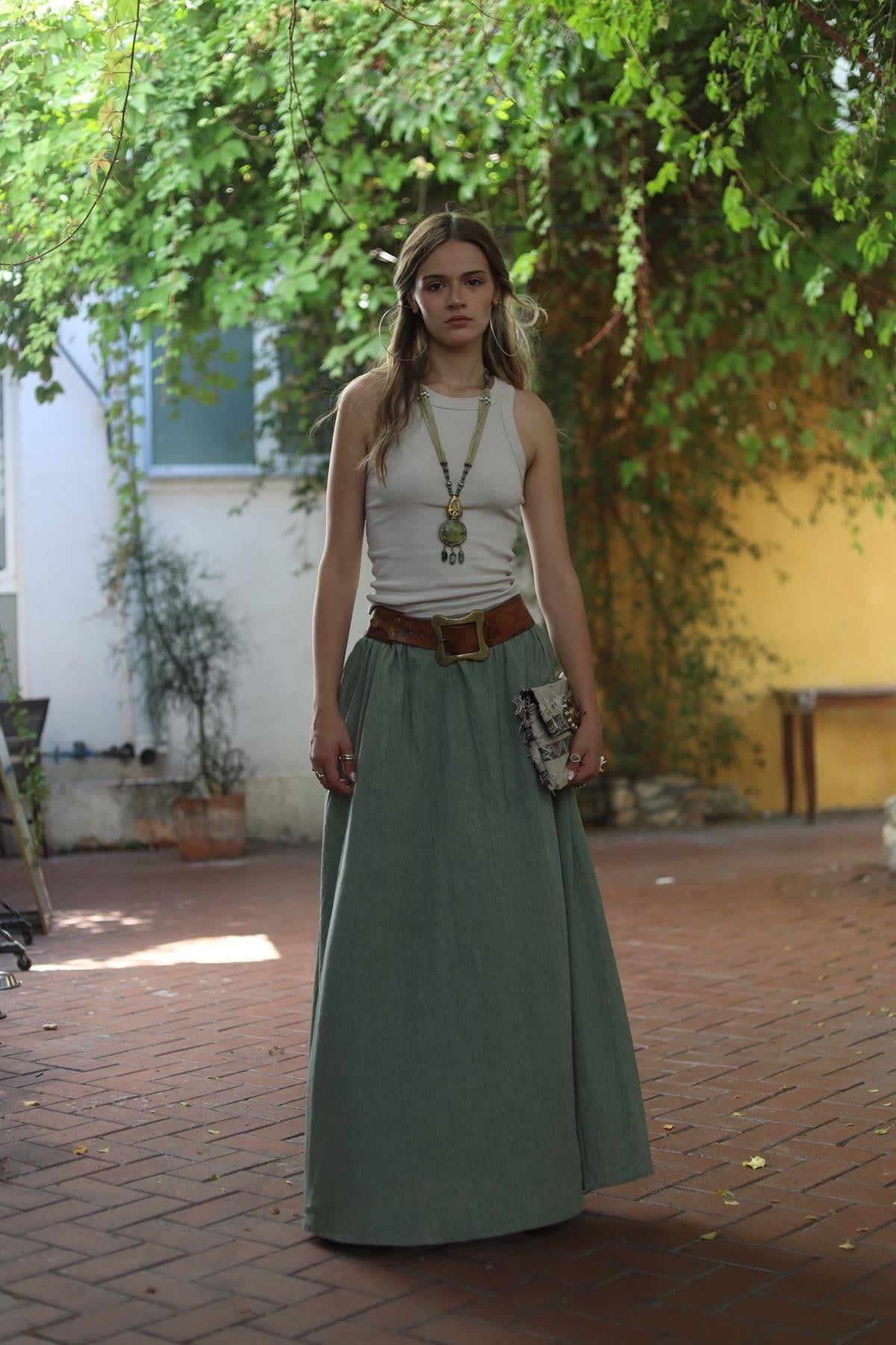 Khaki Elastic Waist Skirt