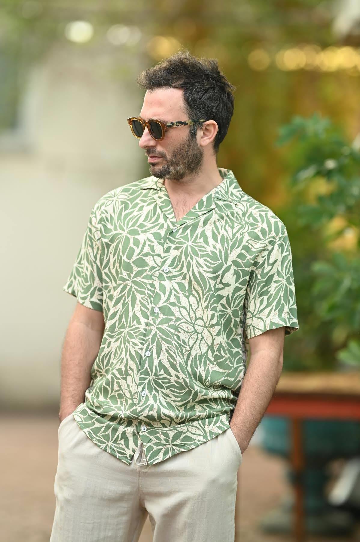 Green Patterned Short Sleeve Mens Shirt