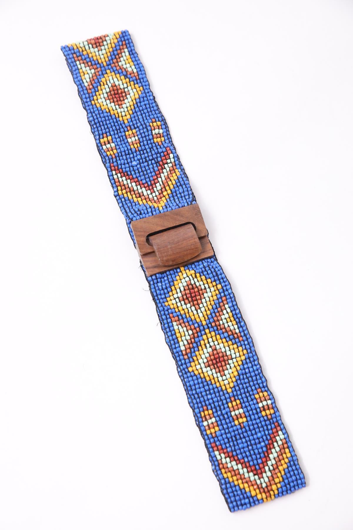 Blue Wooden Buckle Detailed Beaded Elastic Belt