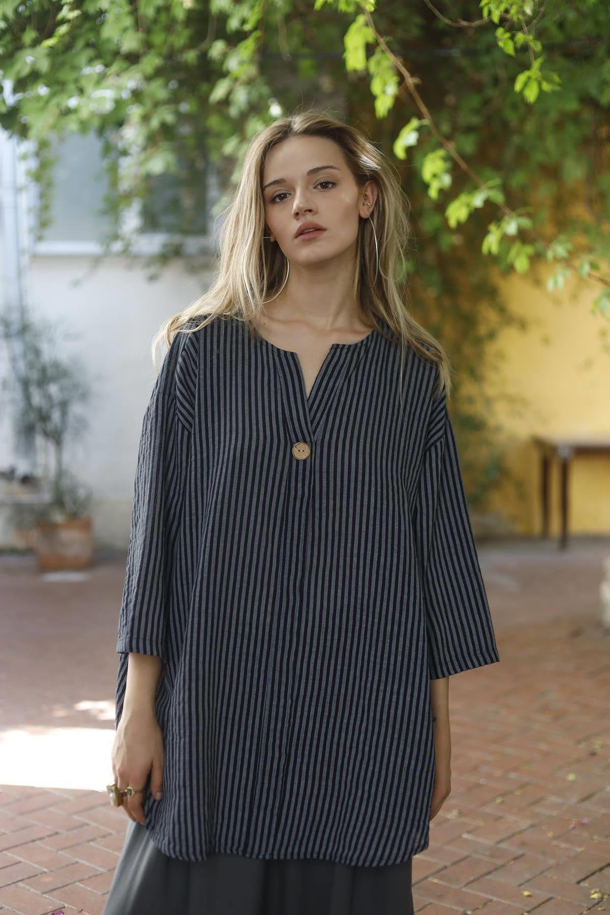 Smoke Color Striped Single Button Tunic