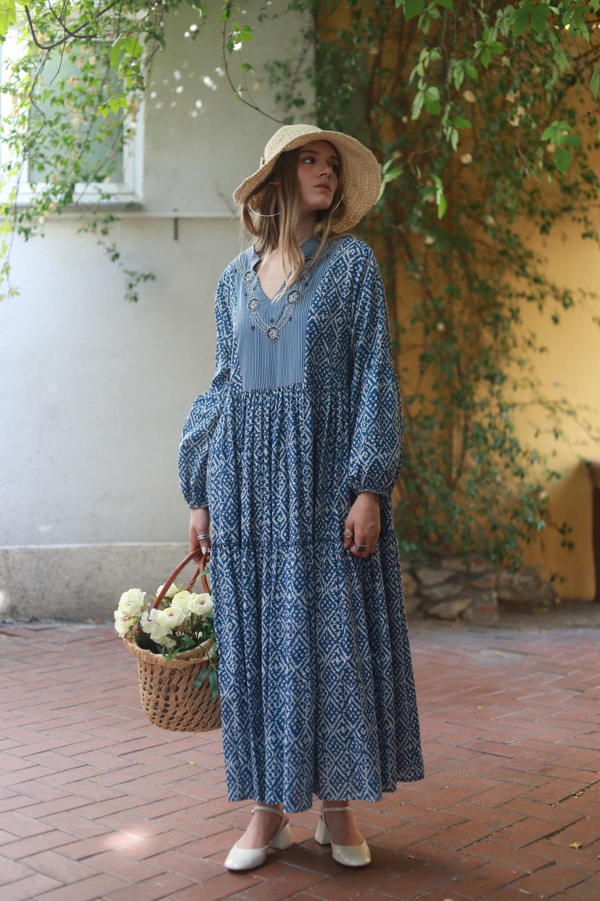 Navy Blue Patterned Beaded Collar Dress