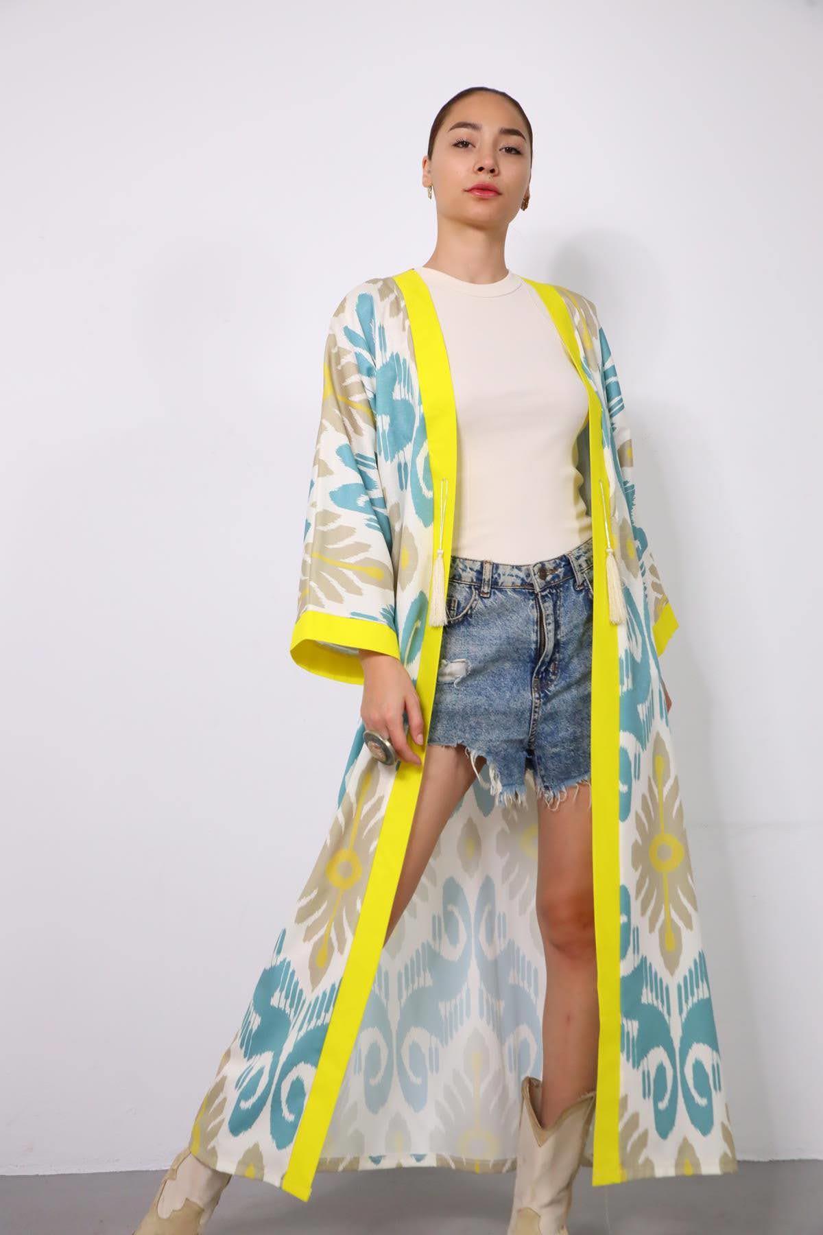 Sarı Desenli Yanları Yırtmaçlı Kimono - Şaman Butik Sarı Desenli Yanları Yırtmaçlı Kimono