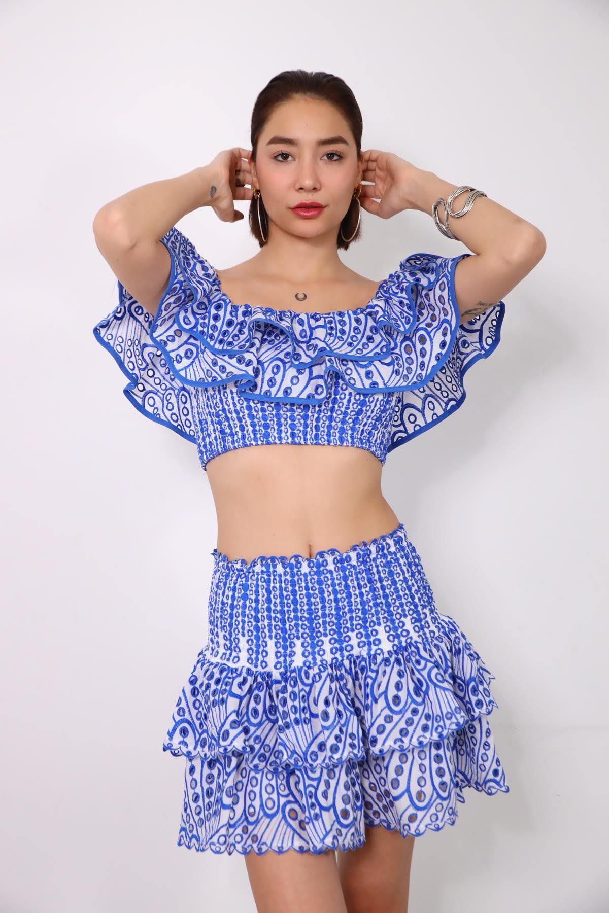 Saks Mavisi Madonna Yaka Bluz ve Etek Gipeli Fisto Takım - Şaman Butik Saks Mavisi Madonna Yaka Bluz ve Etek Gipeli Fisto Takım