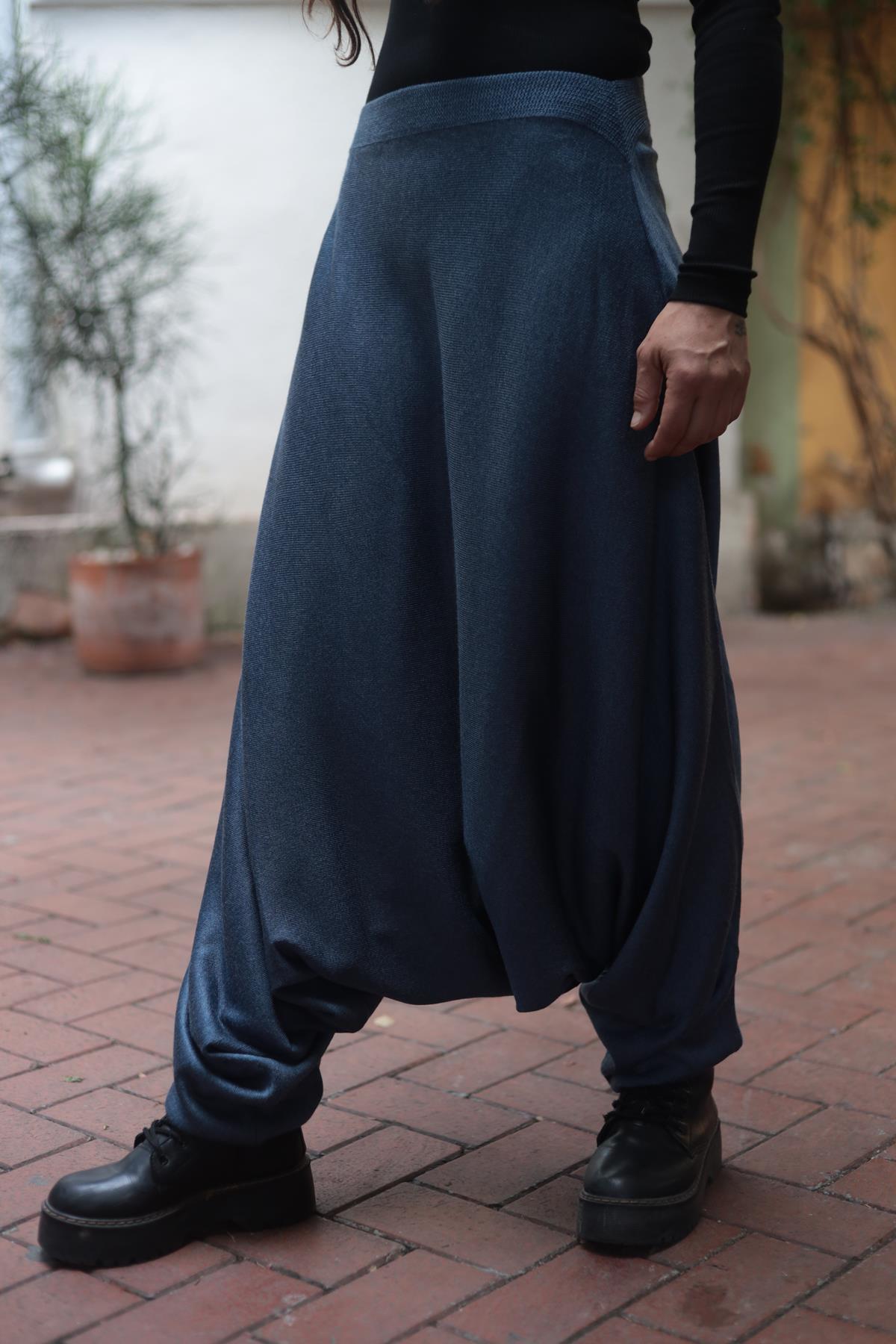 İndigo Mavi Beli ve Paçası Lastikli Triko Şalvar